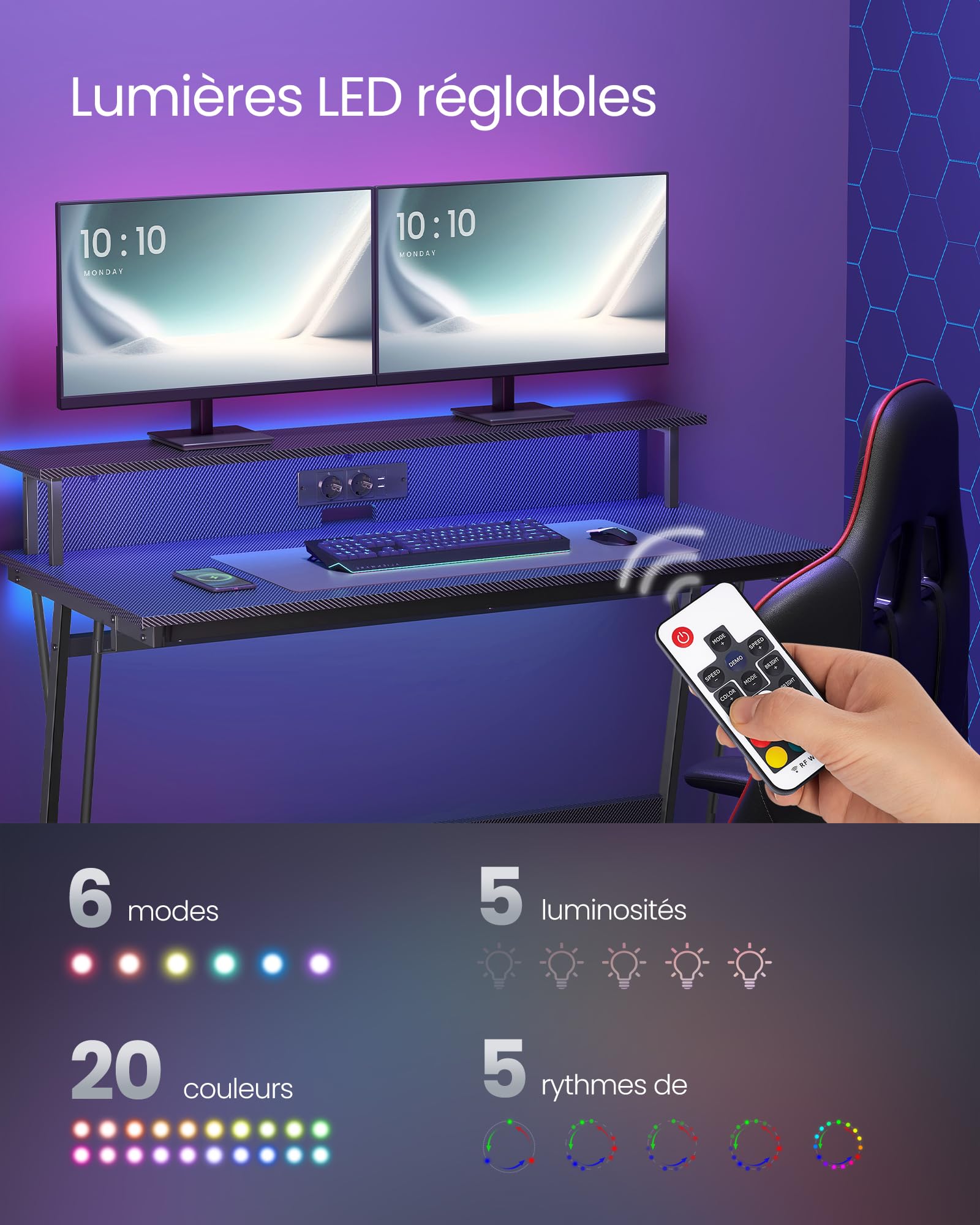 VASAGLE Bureau Gaming avec LED et Multiprise, Table Gamer, Bureau Informatique avec Rehausseur d’Écran, pour 2 Ordinateurs, pour Chambre, 60 x 120 x 76 cm, Noir Carbone LWD192B02