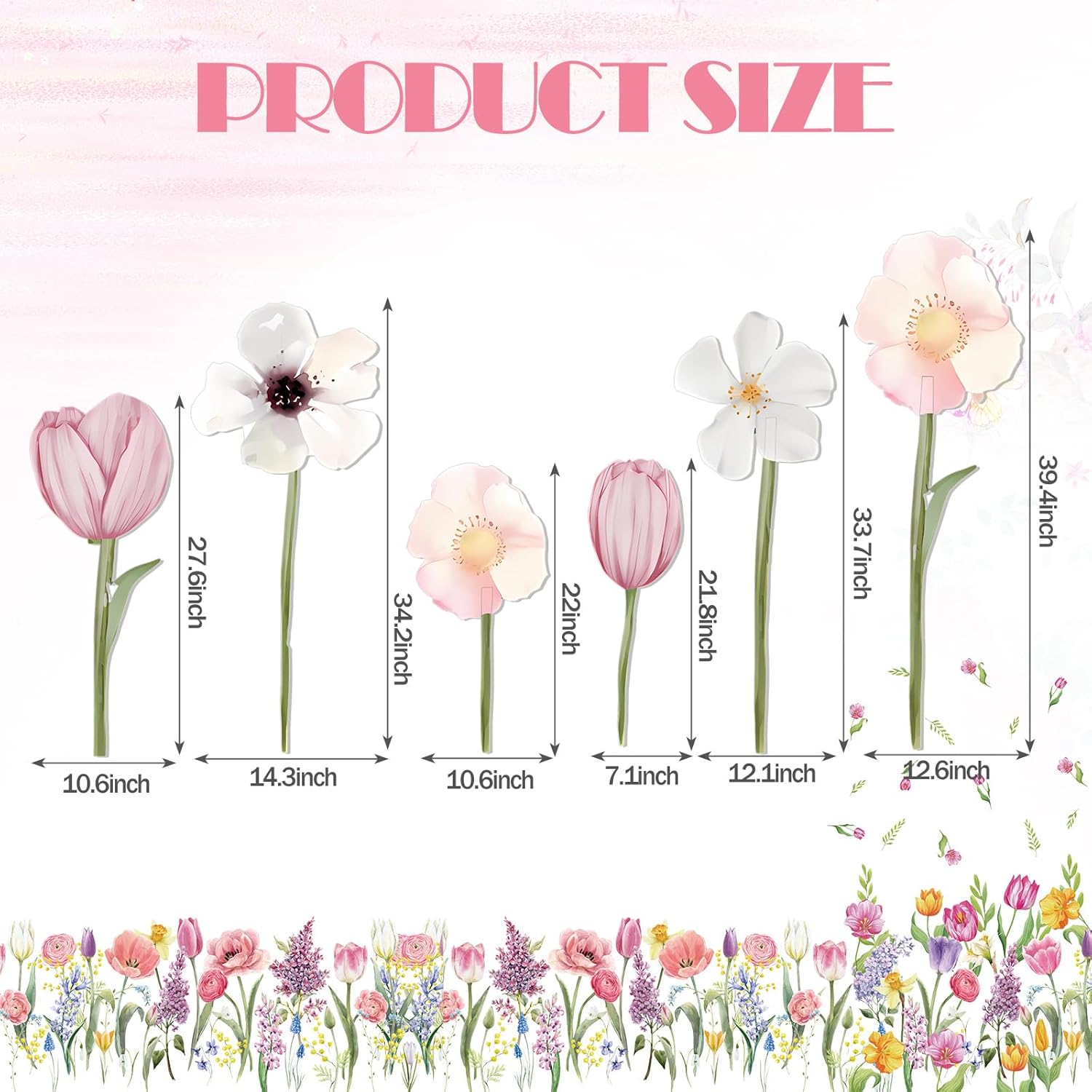 Vicenpal 6 Pcs Fairy Birthday Party Backdrop Cutout Spring Wildflower Party Decorations PVC Wildflower Sticker Floral Baby Shower Birthday Decorations, 22-39 Inch