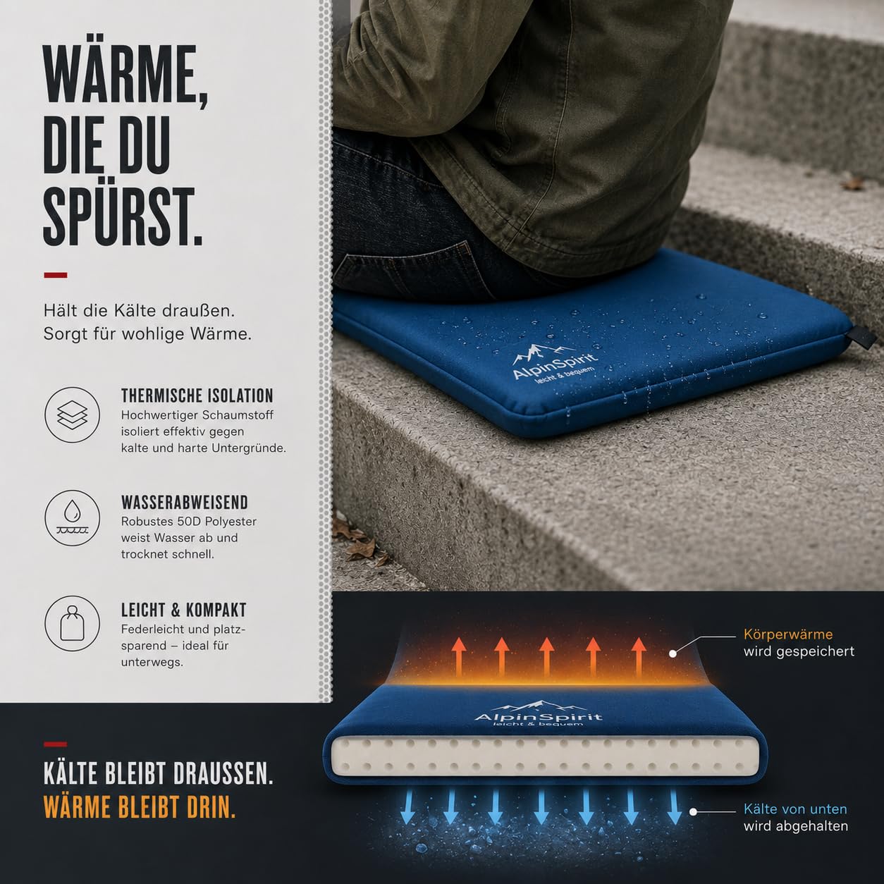 Coussin de siège gonflable d'extérieur [dimensions repliées et jusqu'à 5 cm] auto-gonflant, pliable et ultra léger, 40 x 30 cm, coussin de siège imperméable pour stade, camping, randonnée, avion