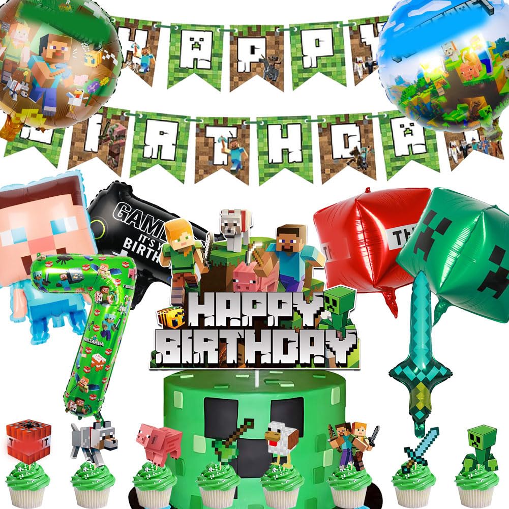 Decoración Para Fiesta Temática Gamer - Pack De 18 Piezas, Con Globos De Aluminio, Banderola Y Serpentinas - Para Cumpleaños De 7 Años