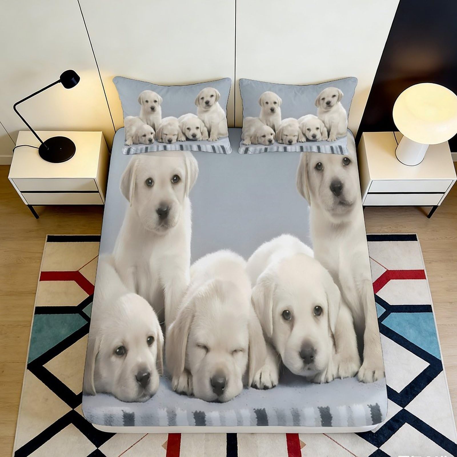 3D Printed Labrador Puppy Fitted Sheet Microfiber Soft Grey Dog Pattern Mattress Cover for Bedroom Guest Room Dorm 90x200x25cm