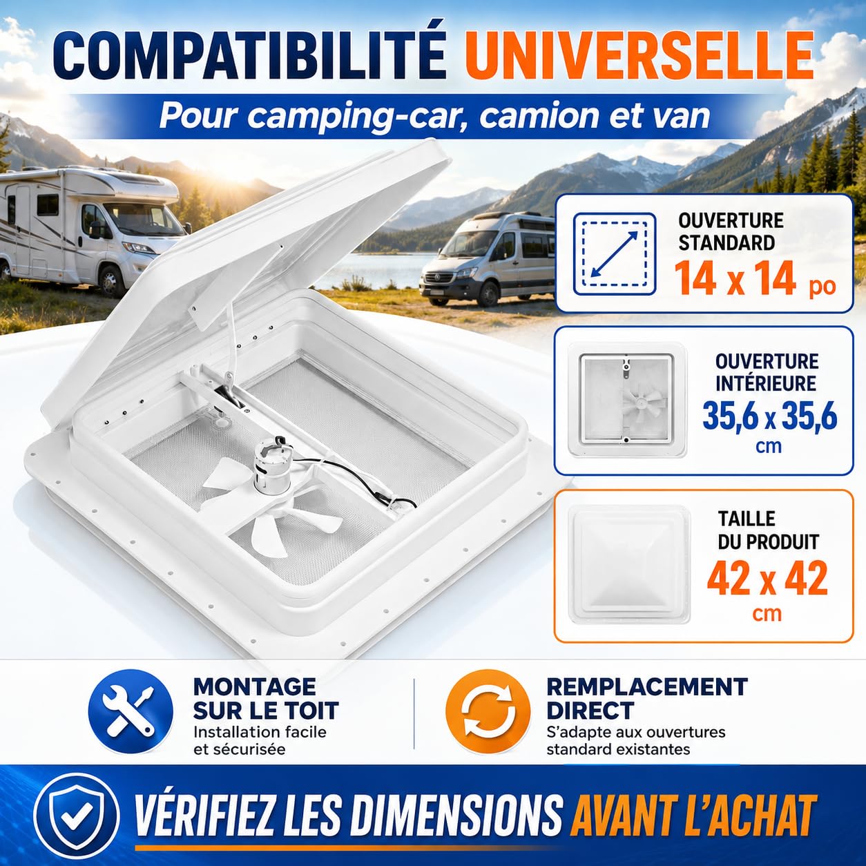 Lanterneau Camping Car 42 x 42 cm, Fenetre Camping Car Avec Moustiquaire et ventilateur intégré, Pour Ouvertures de 14 x 14 pouces, Caravane, camion, Camionnette (Blanc)