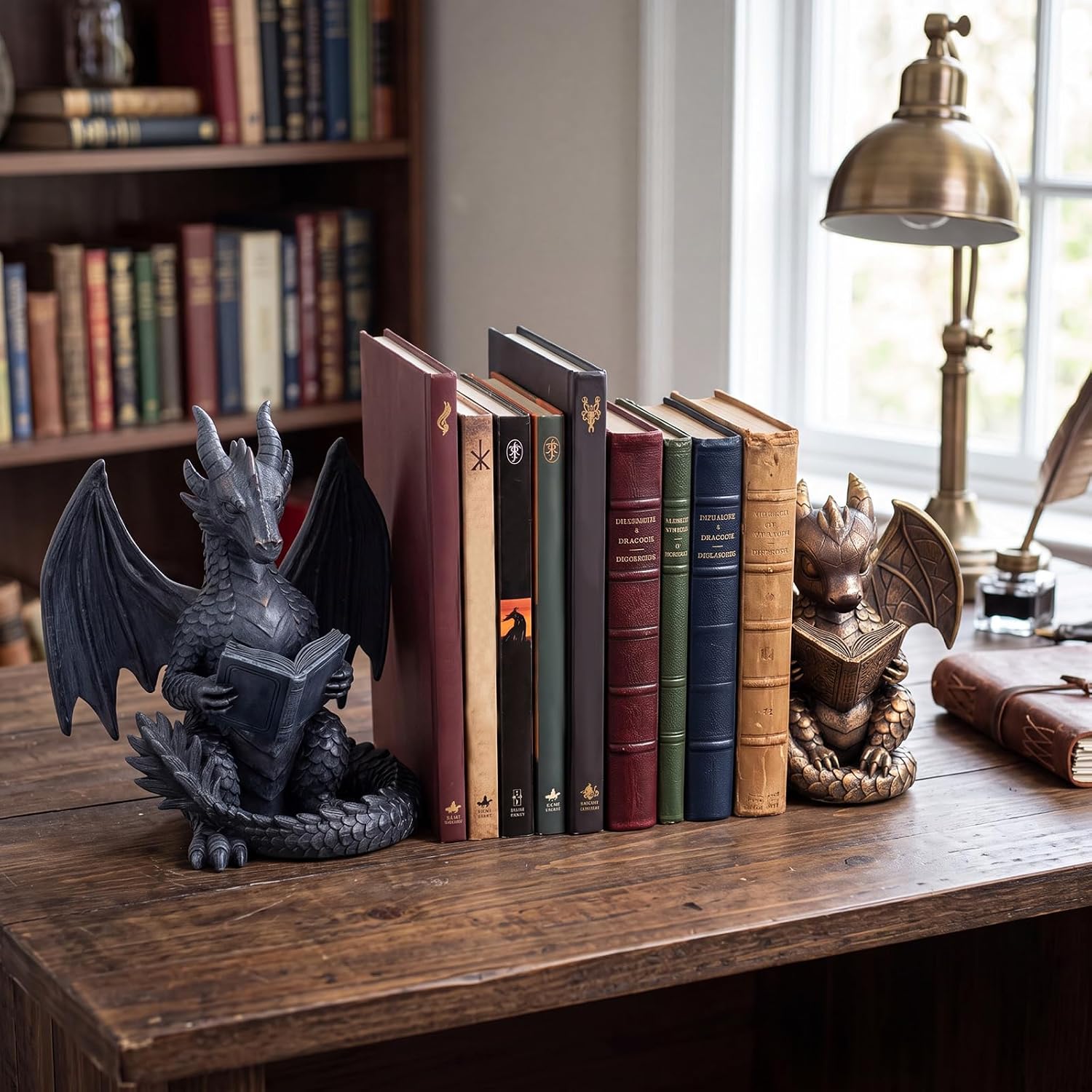 Tondiamo 2 Pcs Dragon Bookends Black Gold Resin Fantasy Statues,Sitting image 5