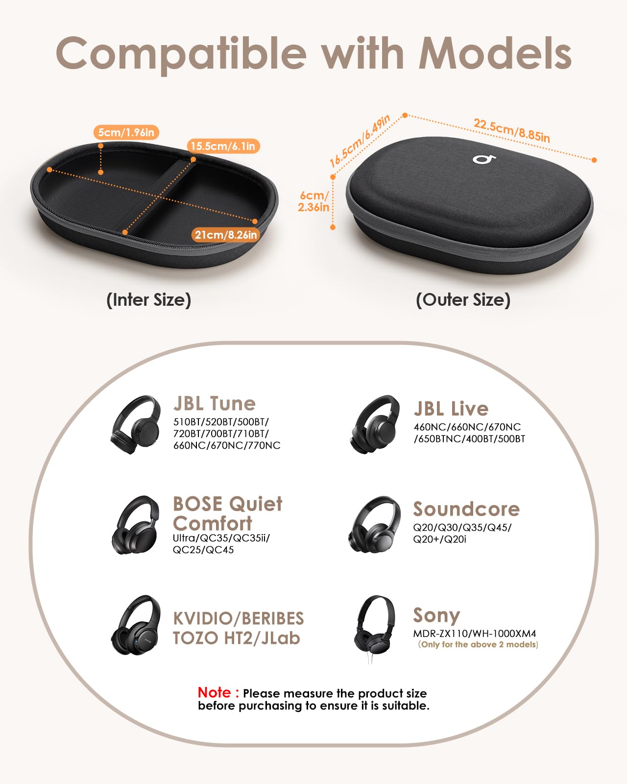Etui pour Casque Audio Over-Ear Soundcore Q20i Q30 JBL Tune 520BT 510BT 670NC 760NC Live 770NC, Housse de Rangement Noir