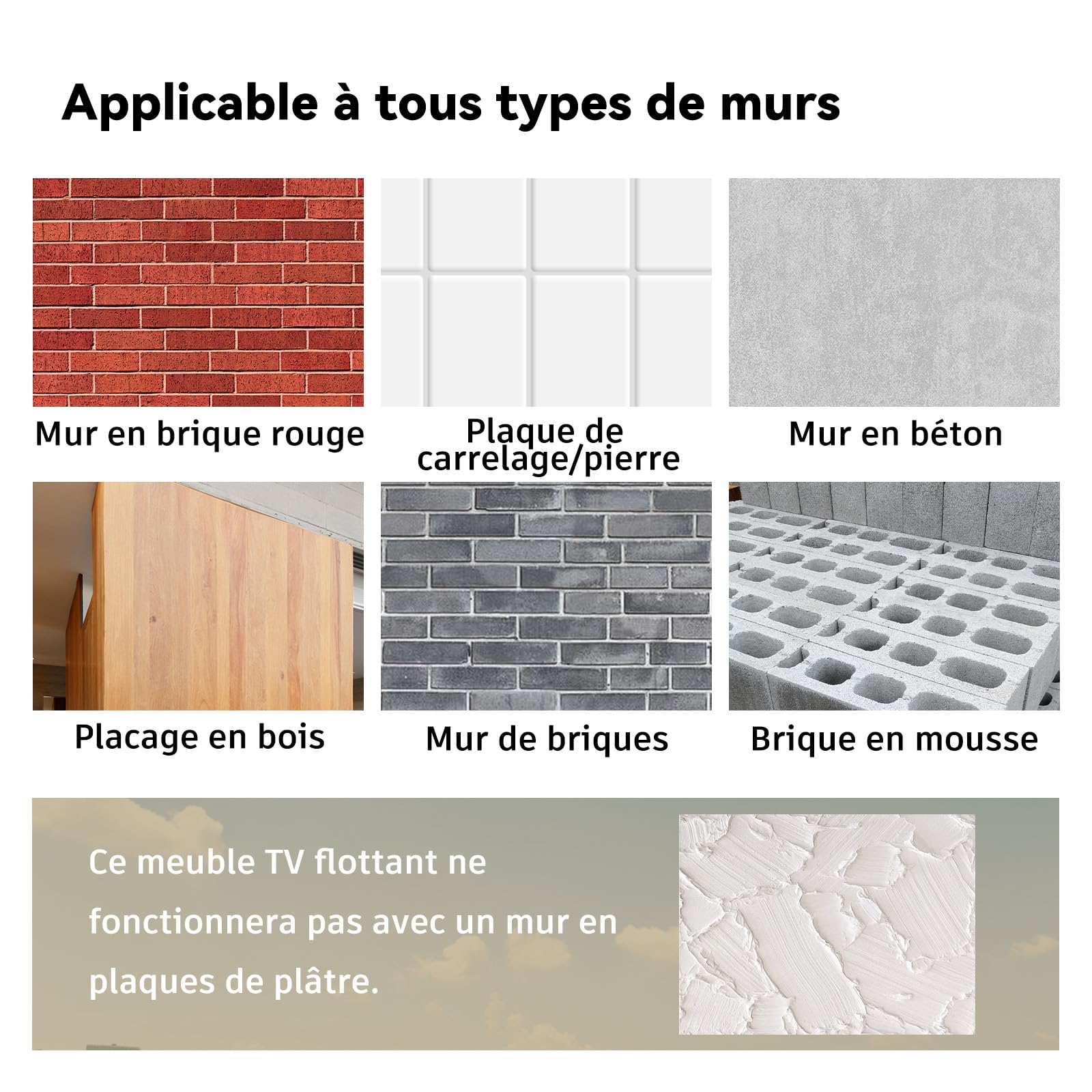 Meuble TV Suspendu 140 Cm Meuble TV Mural avec Rangement de Grande Capacité Table TV Multimédia TV Console Meuble avec Portes et Tiroirs pour Chambre Salon, Noir
