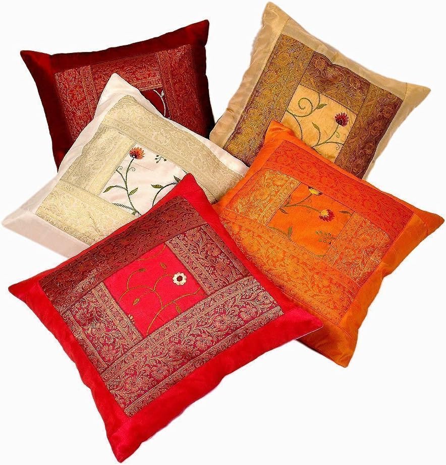 Radhy krishna fashions Indian - 16X16 Mirror Embroidered Decorative Sofa Throw Pillow Cushion Cover Boho Bohemia (Set of 5 Pcs Silk)
