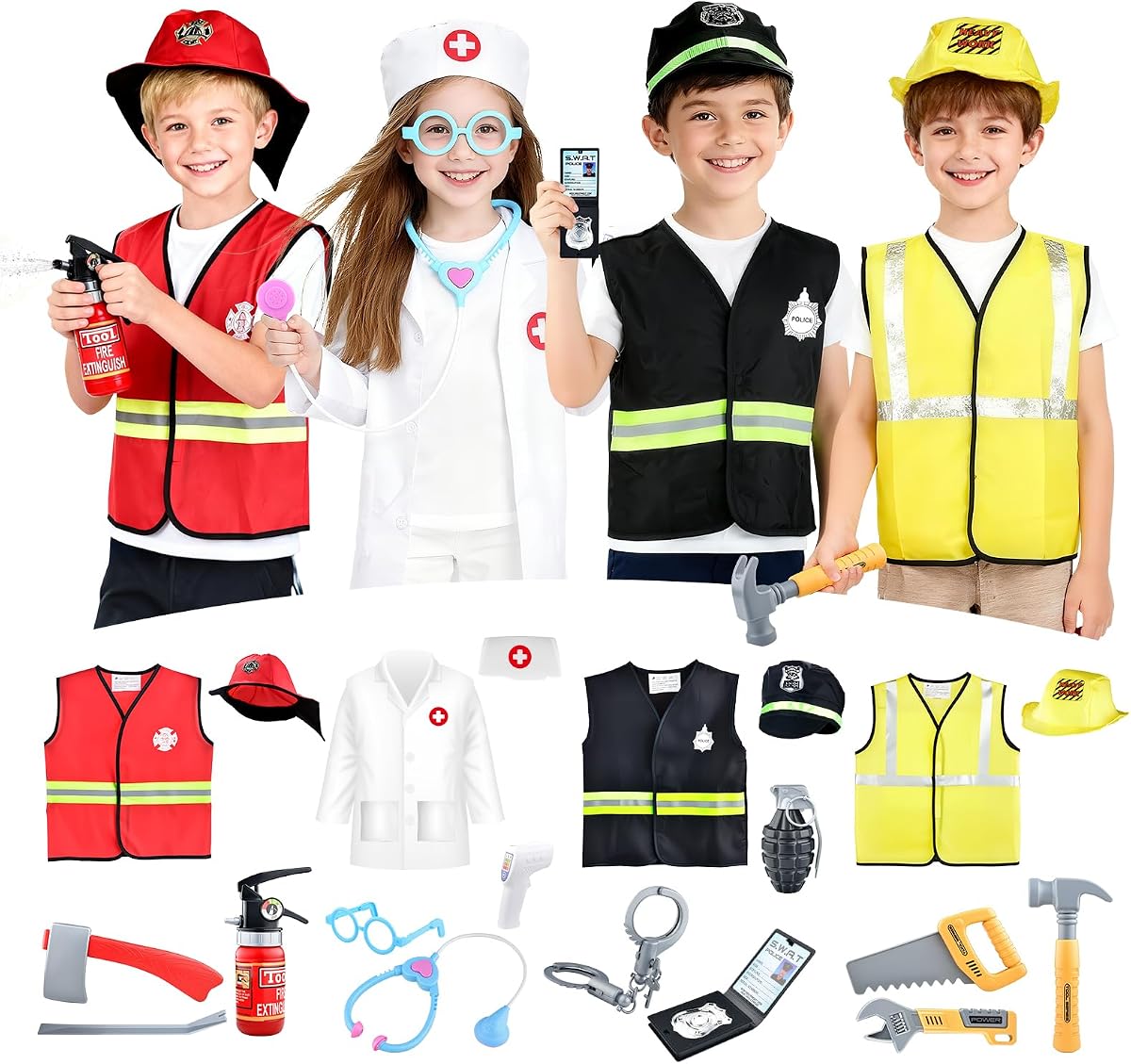 CAPTAIN CHAOWING Kids Dress Up Costume, Fireman, Doctor, Police & Worker | 27Pcs Complete Accessories, Firefighter Police Doctor Construction Engineer Roles, Halloween Party, Gift Toy for Ages 3-7