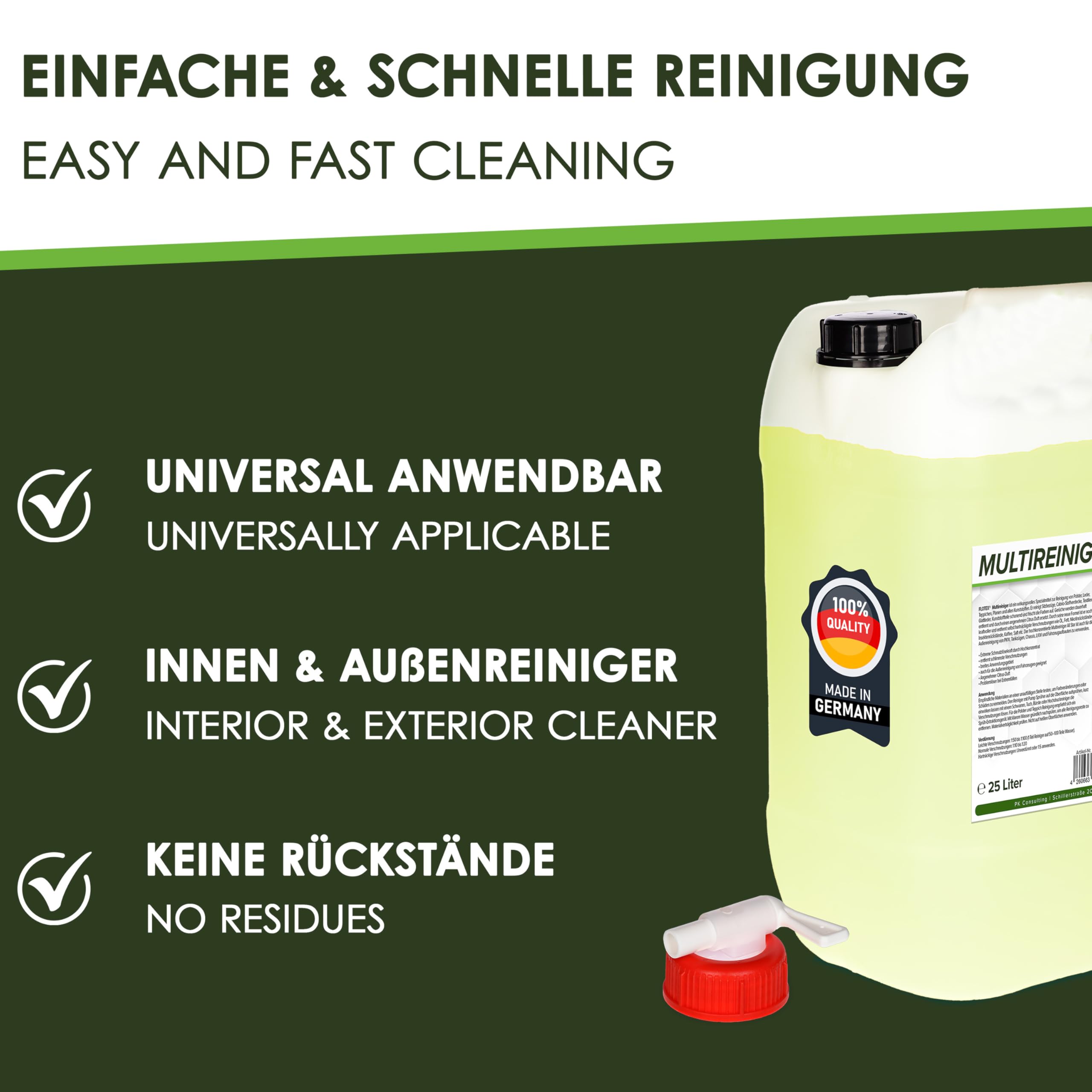 Ergiebiger Multireiniger 25L Kanister Auto Reiniger | Kunststoffreiniger und Autoreinigung von Innen und Außen | Polsterreiniger Auto und Teppichreiniger