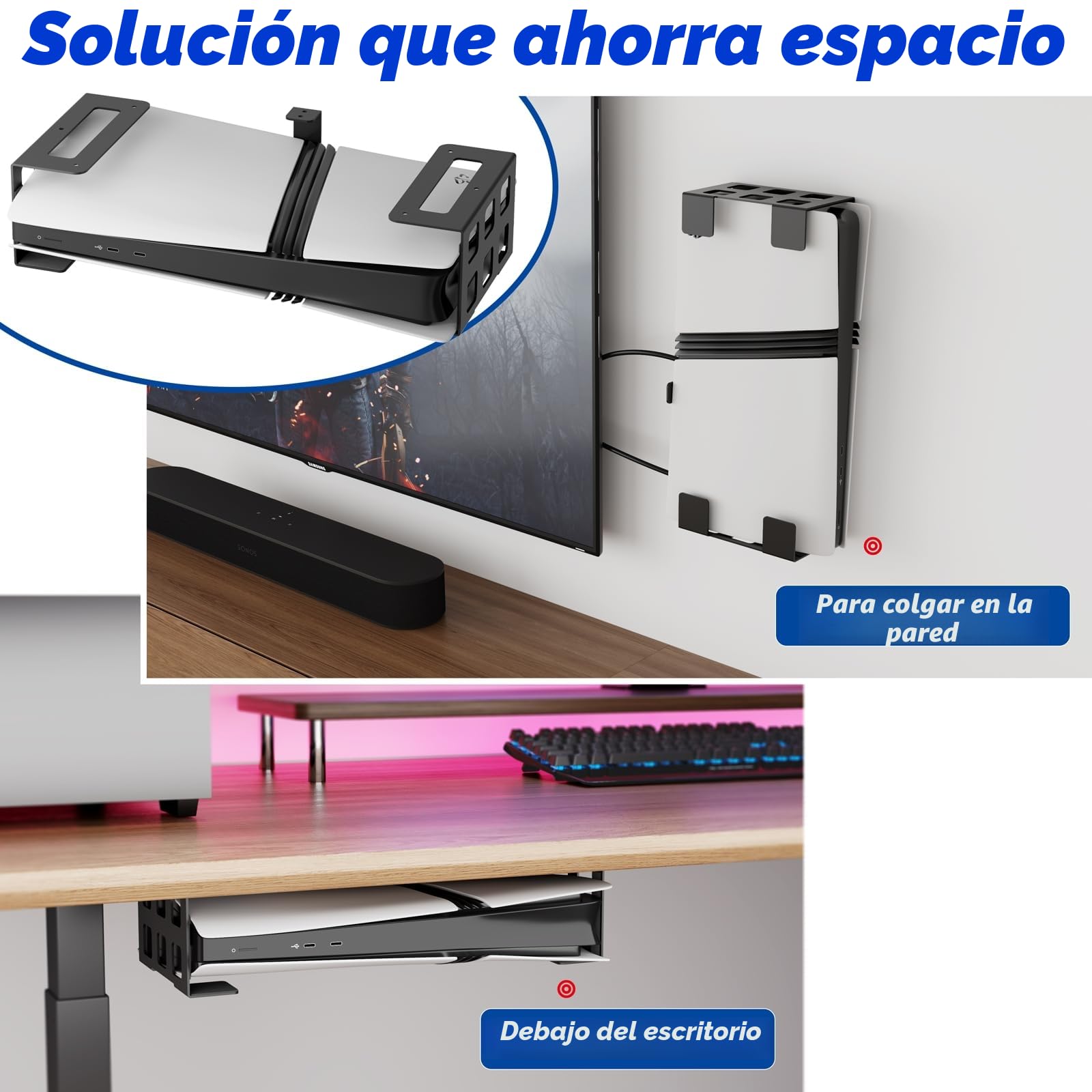 sciuU Soporte Bajo Escritorio o de Pared Compatible con PS5 Digital, Xbox S | Compatible con PlayStation 5 PS5 Slim / Pro Digital, PS4, Xbox Series S / One - Soporte para Consola de Pared / Mesa en Acero