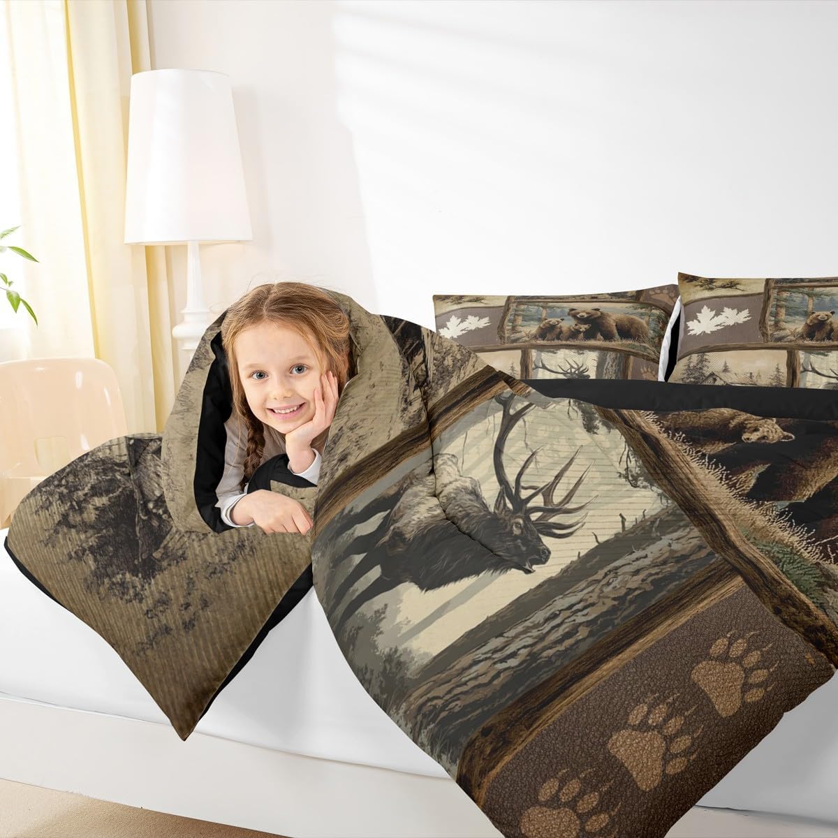 Erosebridal Grizzly Bear Deer Plaid Kids Comforter Sets Hunting Wildlife Theme King Bedding Set for Boys Men Rustic Farmhouse Cabin Comforter Set,Western Country Maple Leaf Quilt Duvet 3 Pcs