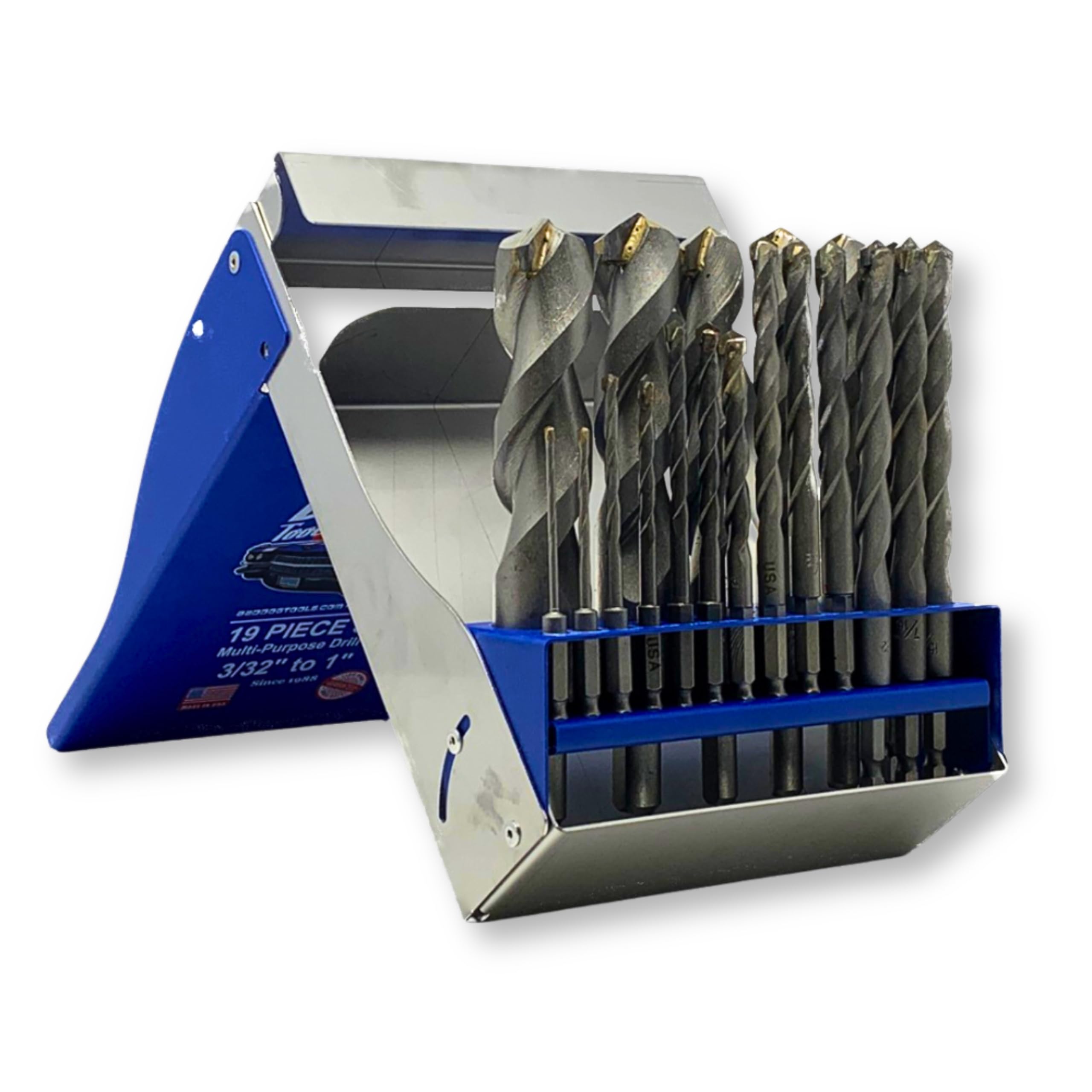 Bad Dog19 Piece Multipurpose High Speed Drill Bit Set. Unique Carbide, Titanium, Cobalt Tip & Armor Steel Hex Shank. Made in USA. Drill Through Everything! Hardened Steel, Masonry, Wood, Tile & More