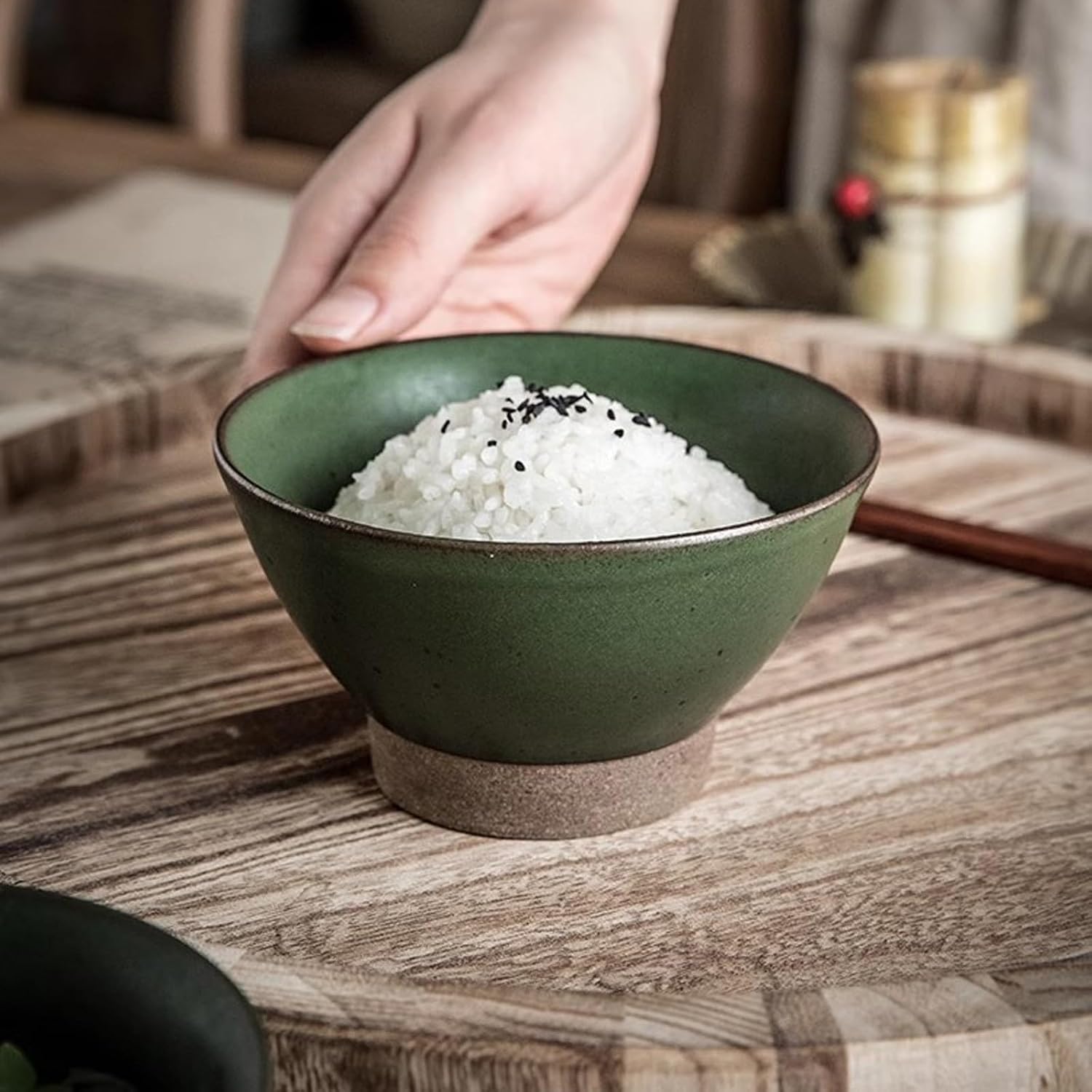 Salad Bowls Handmade Retro Bamboo Hat Rice Bowl,Coarse Ceramic High Legged Bowl,Special Ceramic Bowl,Rice Bowl,White Green Ceramic High Legged Bow