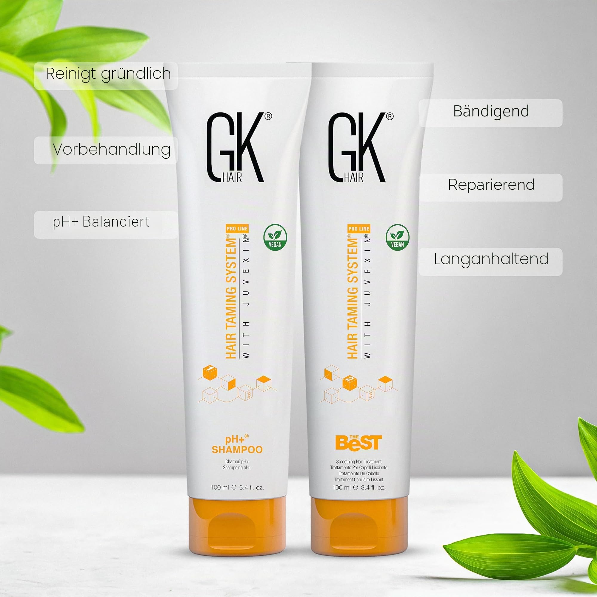 GK HAIR Global Keratin pH-neutrale Keratin Glättungsbehandlung (100 ml) + Klärendes Shampoo (100 ml), beste Glättung und Stärkung für gesundes Haar – alle Haartypen