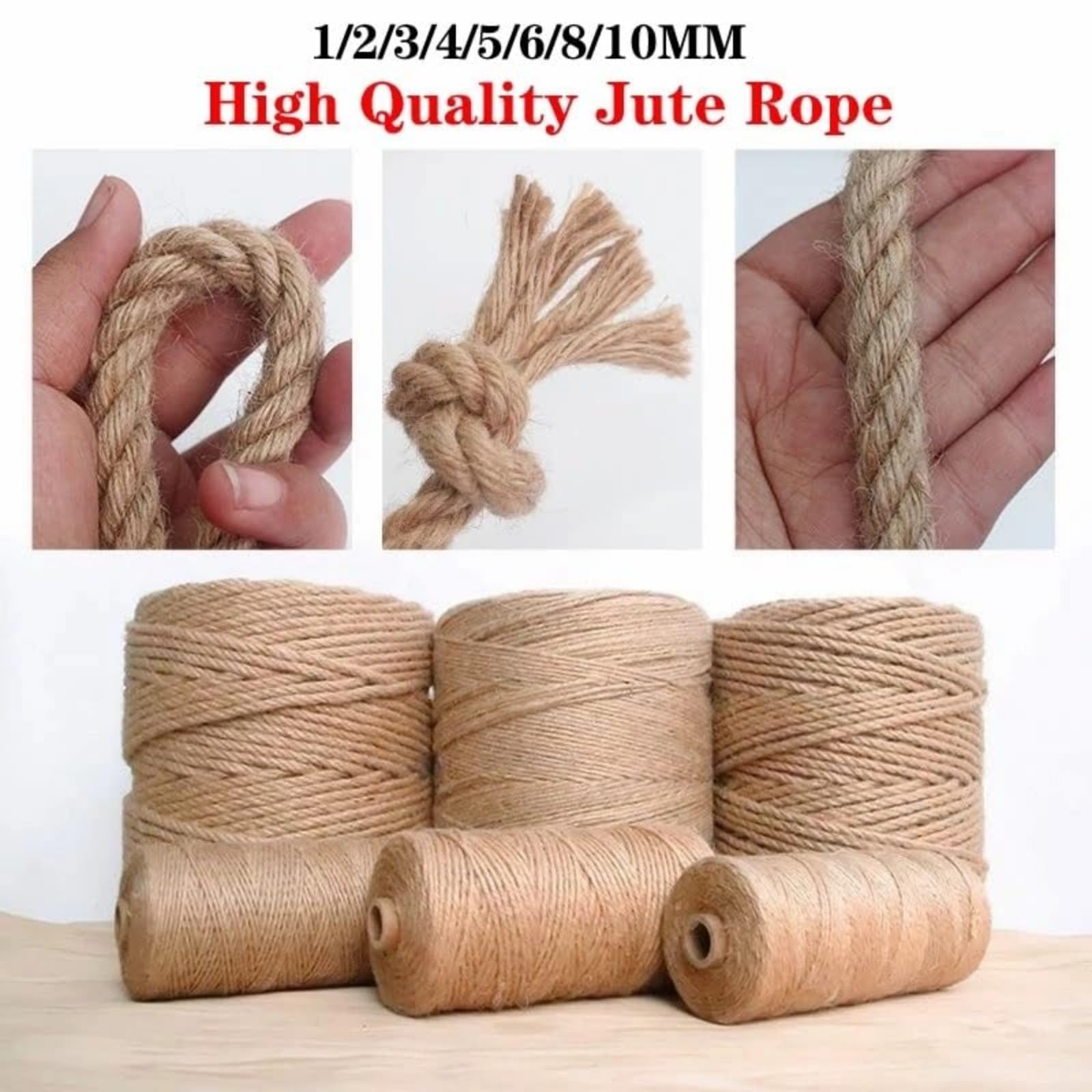 Cuerda de Yute Gruesa/Fina Natural 6mm /8mm/4mm/5mm/3mm Cuerda de Cáñamo Natural, Rollo de Corde Yute para Embalaje, Decoración, Jardinería, Fotos, Regalos, Manualidades