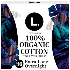 L. Ultra Thin Pads for Women, Overnight Absorbency, Organic Cotton Top Layer, Unscented Pads with Wings, 96 Count (4 Packs of 24)