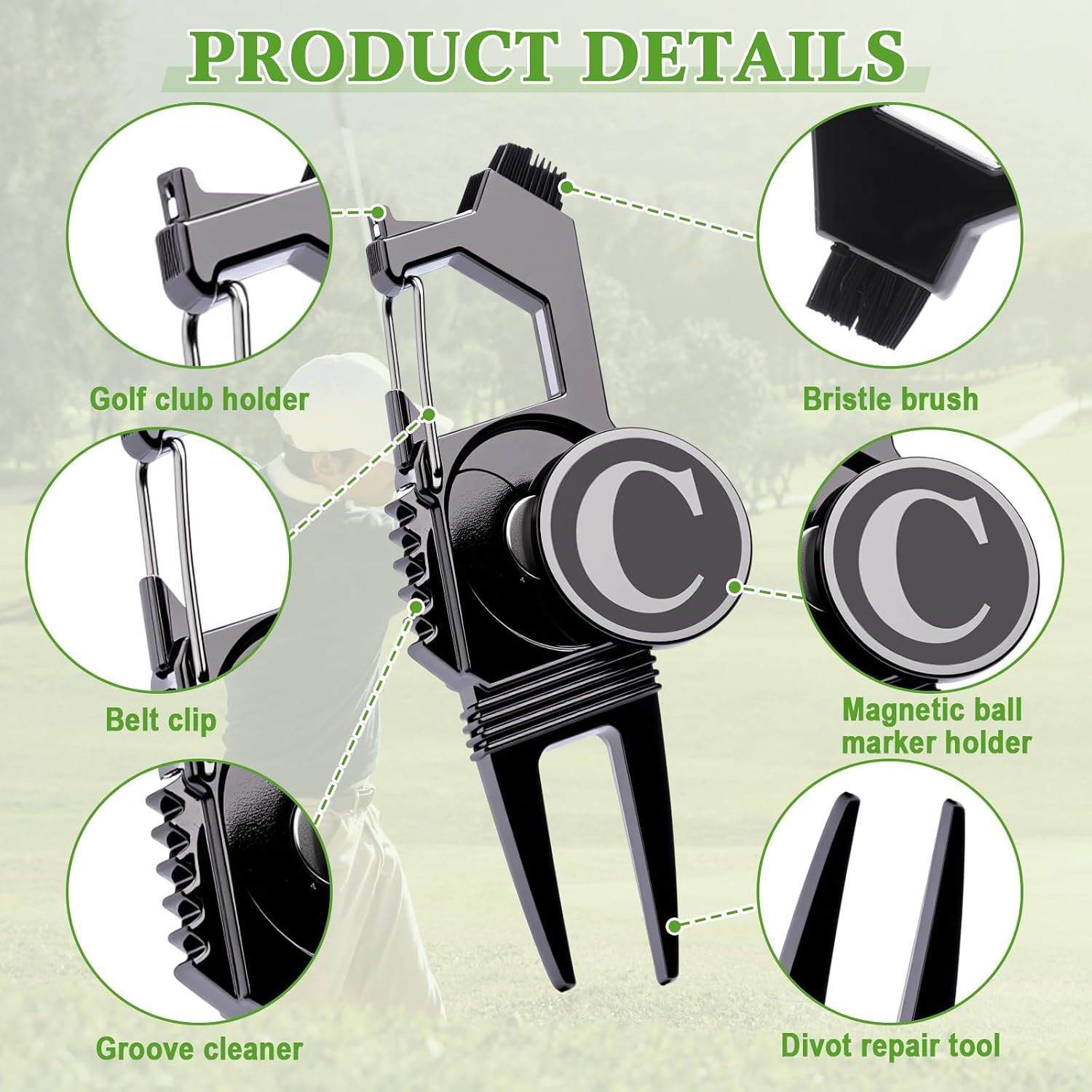 Skylety Golf Divot Repair Tool with Letter Ball Marker 6-in-1 Divot Tool Initials Ball Marker, Club Holder, Brush, Clip Buckle, Groove Cleaner Golf Accessories for Men Father Gifts image 3