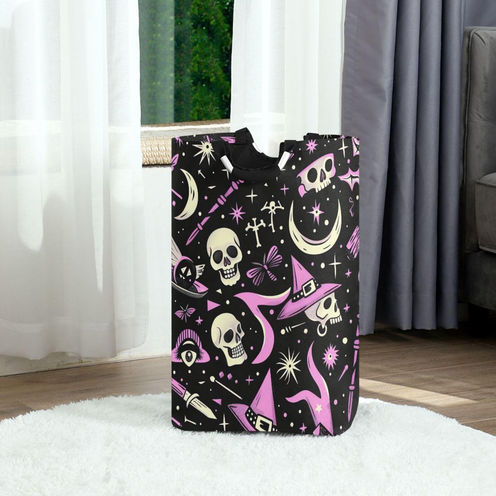 Jihqo Laundry Hamper Basket Halloween Skull Magic Collapsible Nursery Storage Bin Waterproof Clothing Baskets for Home Bedroom Bathroom Washing Room