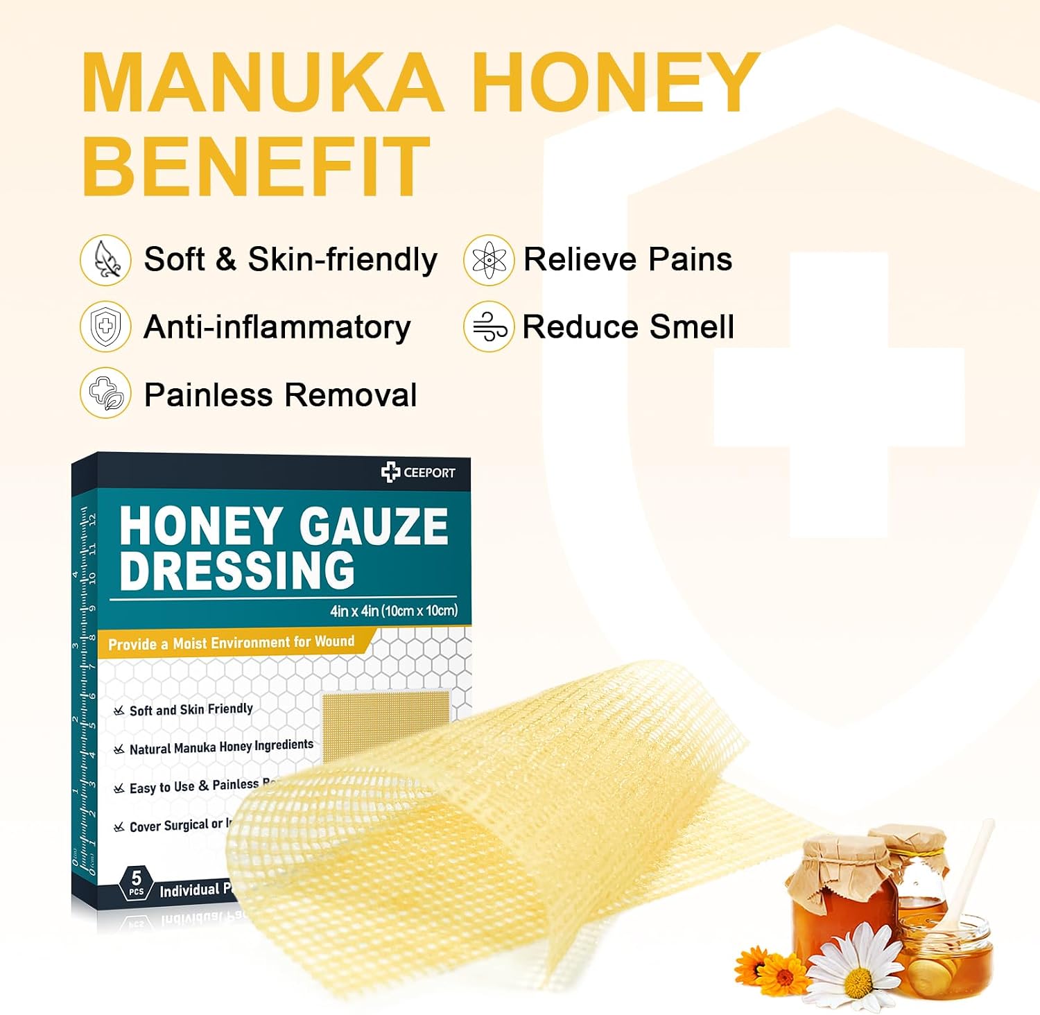 Ceeport Manuka Honey Gauze Wound Dressing, 4" x 4", 5 Individual Pack image 3