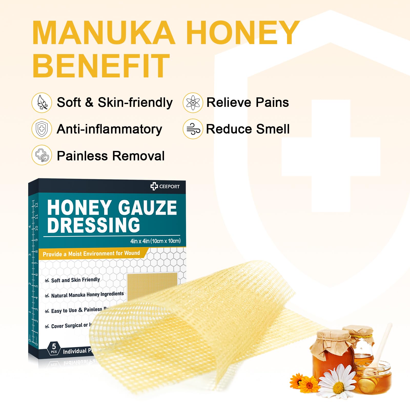 Ceeport Manuka Honey Gauze Wound Dressing, 4" x 4", 5 Individual Pack — Amazon image 3