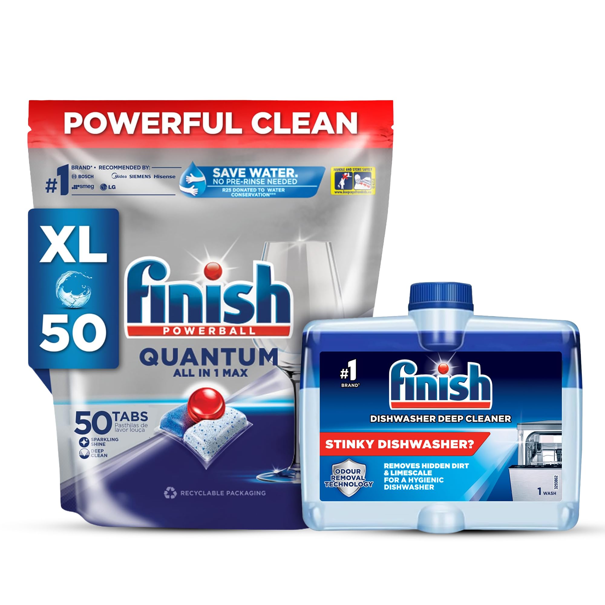 Finish 50 Tablets, Powerball Quantum All in 1 Max Dishwasher Tablets with Dishwasher Deep Cleaner Liquid, 250 ml-image-2