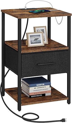 TUTOTAK Mesita de noche, mesita con estación de carga, mesa auxiliar, mesita de luz con cajón de tela, para sala de estar y dormitorio, marrón