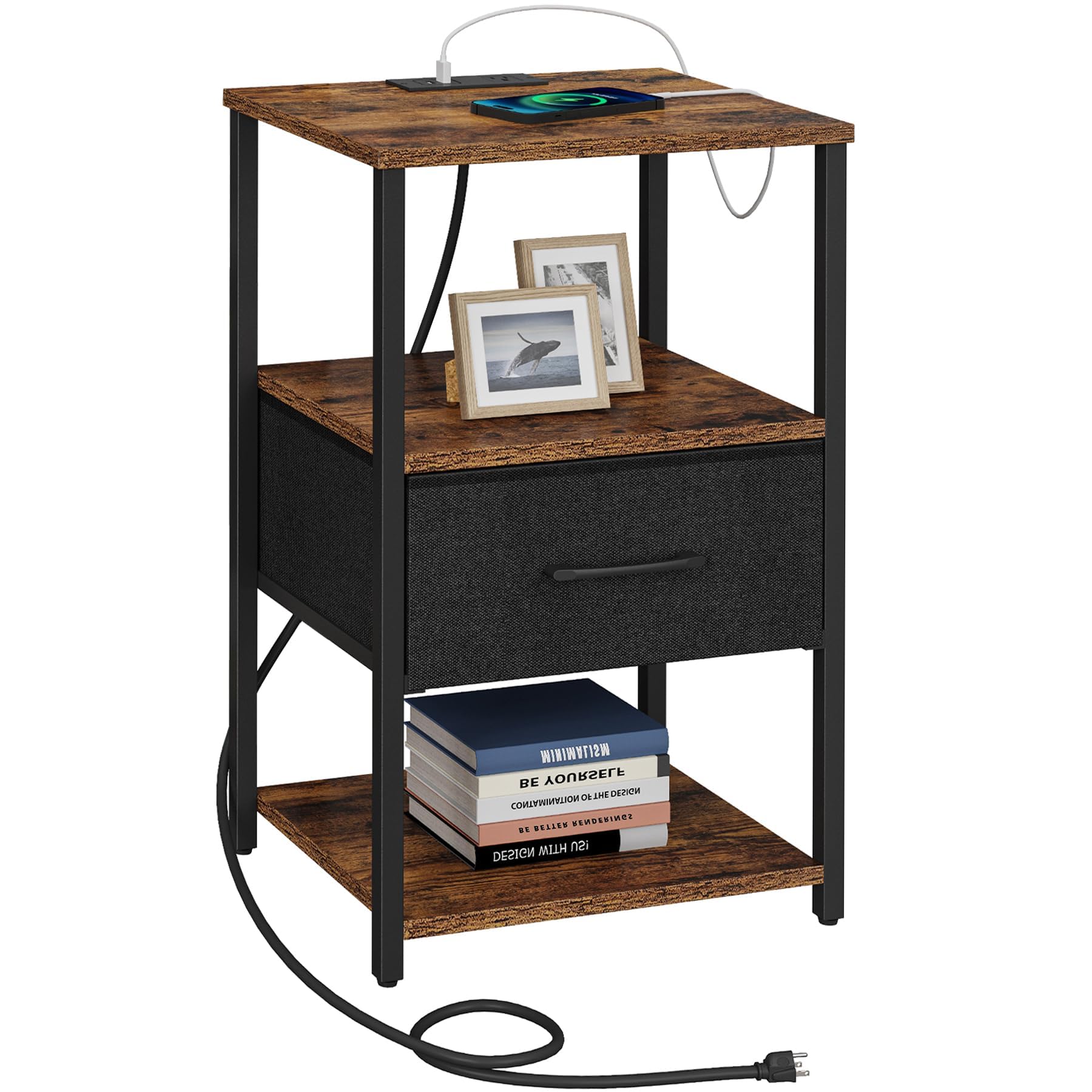 TUTOTAK Nightstand, Night Stand with Charging Station, End Table, Bedside Table with Fabric Drawer, for Livingroom and Bedroom, Brown TB01BB069