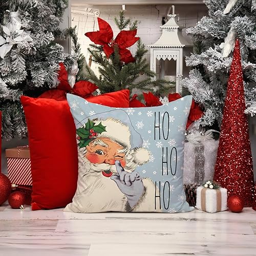 Miniatura 9 de K031 - Juego de 4 fundas de almohada rosas para decoración de Navidad, 16 x 16 pulgadas, diseño de copos de nieve, Papá Noel, muñeco de nieve,