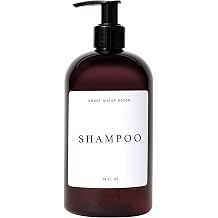 Sweet Water Decor Amber Plastic Jar | Refill Shampoo Dispenser | 16 oz Refillable Bottle with Pump | White Waterproof Label with Black Text | Rustic, Modern, Farmhouse Gift Shampoo