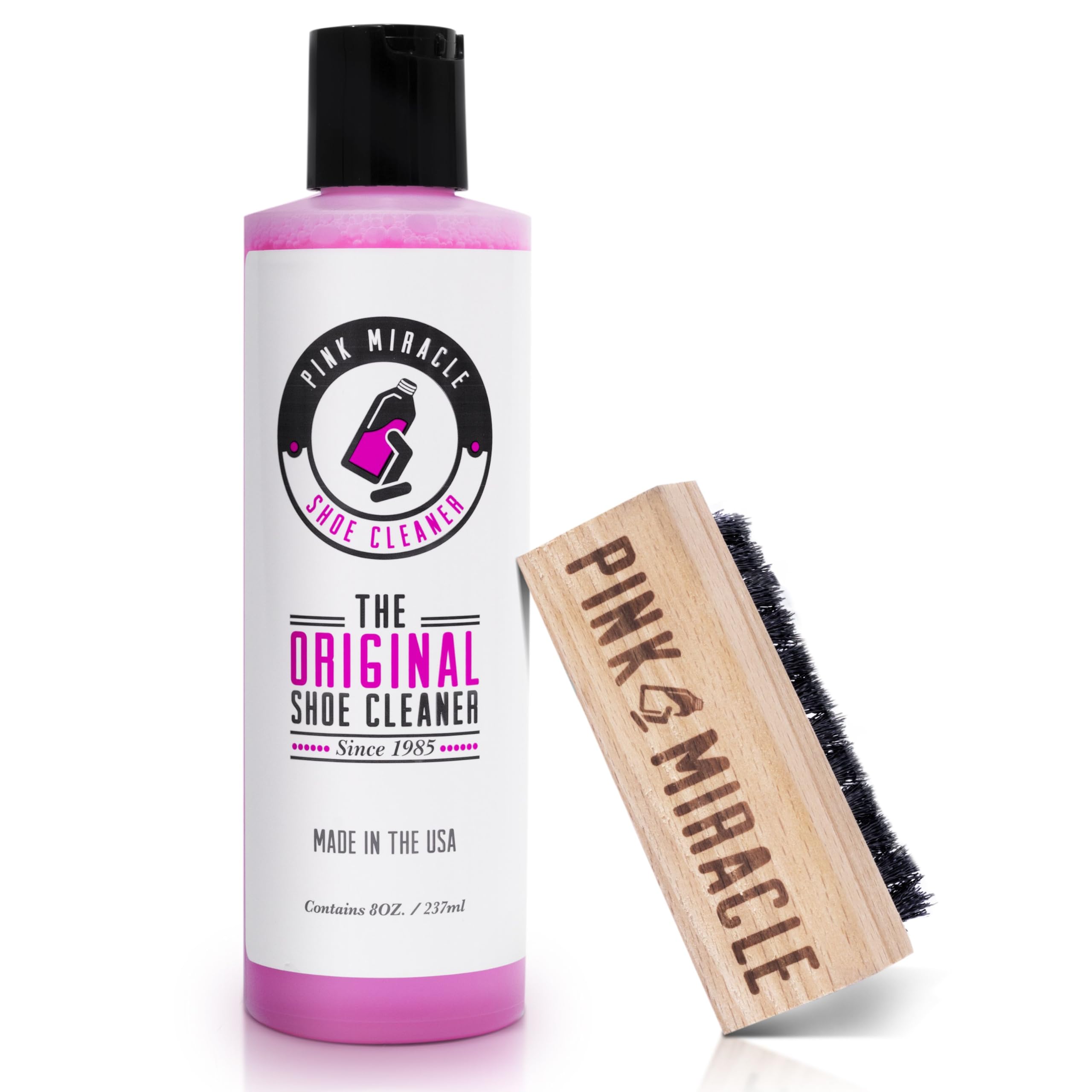 Pink Miracle Kit limpiador de zapatos con botella y cepillo para limpiar telas para zapatillas de cuero, blancos, gamuza y nobuk