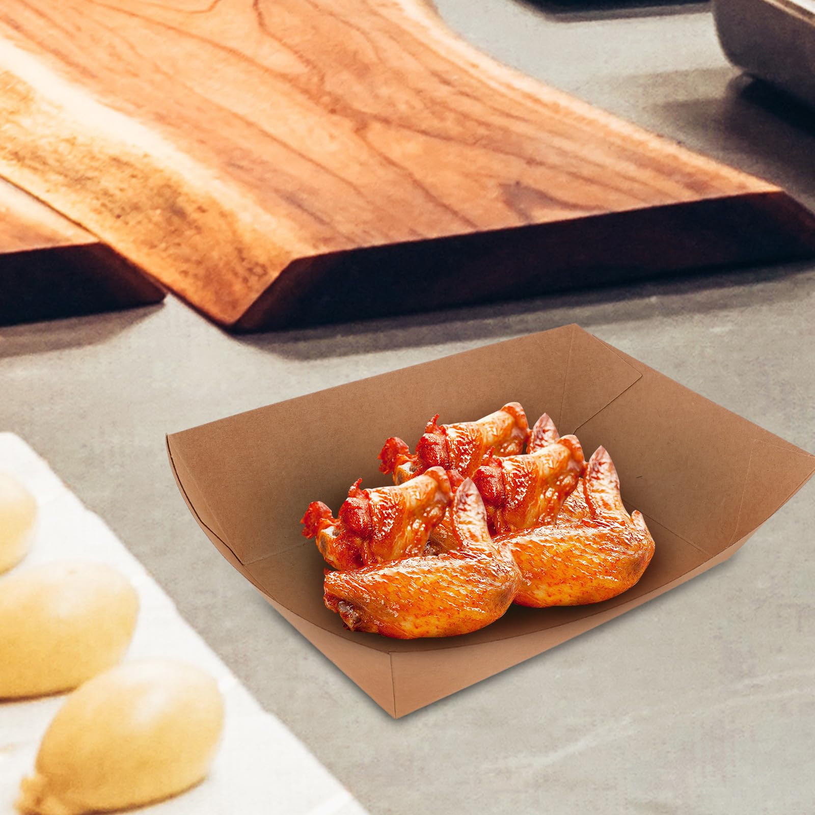 100 Piezas Bandeja de Papel para Servir Alimentos, Bandeja de Comida, 100% Papel, Marrón, Abierta, para Hot Dog y Snacks, para Fiestas y Comida para Llevar
