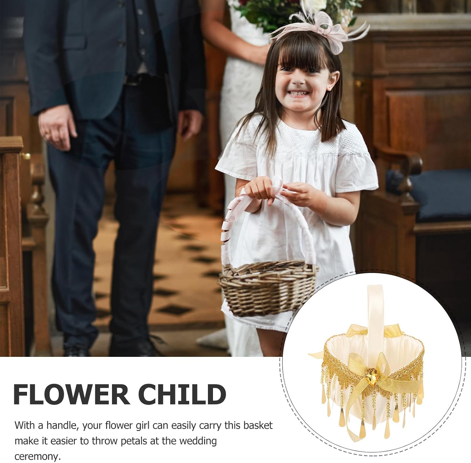 Wedding Flower Girl Basket Small Gold with Removable Handle Woven Petal Basket for Wedding Ceremony and Party Supplies