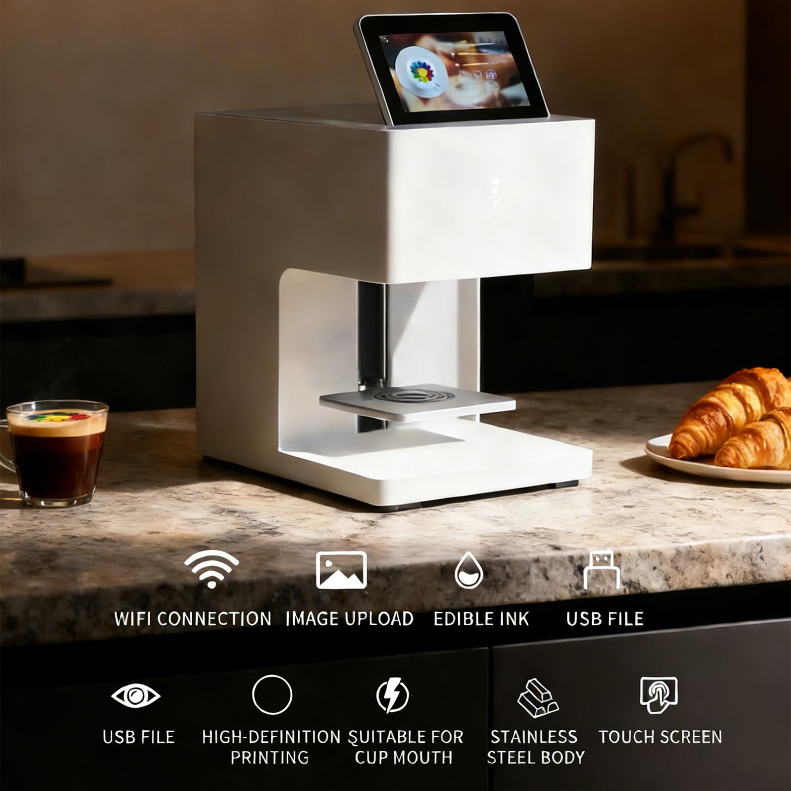 Drukarka 3D do kawy Latte Art, ekspres do kawy Latte 3D do żywności, automatyczne selfie z napojami, połączenie Wi-Fi, drukowanie zdjęć, ekran dotykowy White