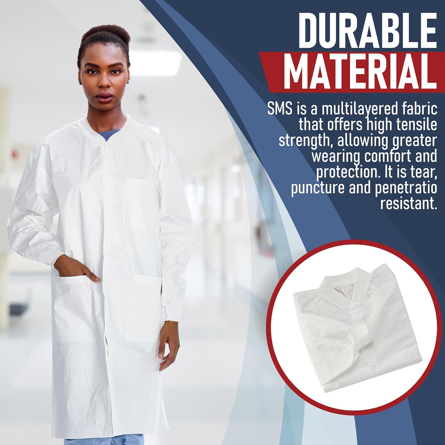 Medical Nation 10 Pack Disposable Lab Coats - Durable 50g SMS Knee Length Reusable Lab Coat with Knit Cuffs and Pockets, Unisex | For Dental, Hospitals, Pharmacies, Labs, Clinics- White, Extra Large