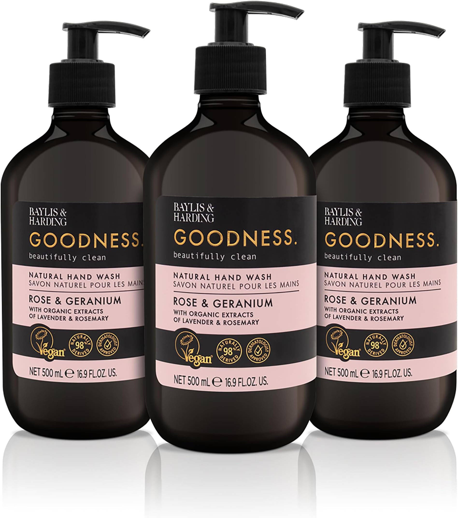 Goodness Rose & Geranium Natural Hand Wash 500ml, (Pack of 3) - Vegan Friendly