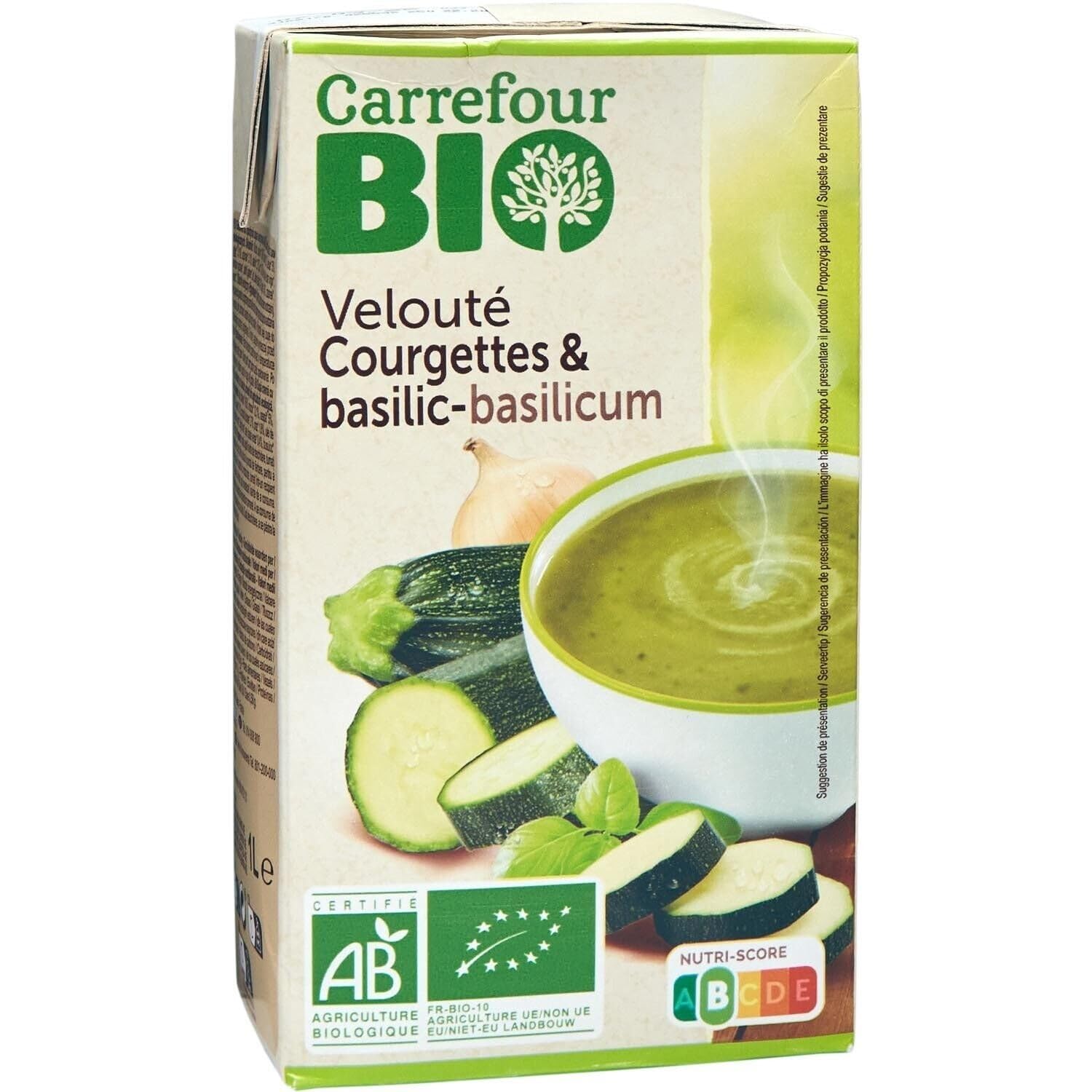 Un repas végétal prêt en minutes — Soupe Velouté Courgettes Basilic CARREFOUR BIO — Format 1L pratique - Lot de 3