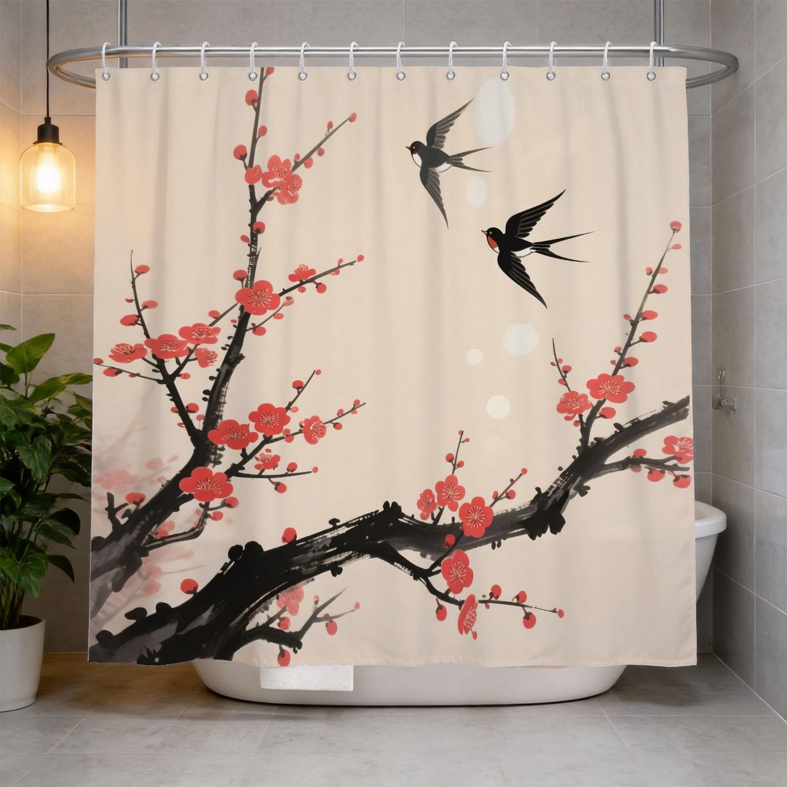 Hongduo 3D Girly Cherry Blossoms Shower Curtain for Stalls Bathtubs Cartoon Bathroom Decor Shower Curtain Set Polyester Fabric Waterproof 200x200cm/79X79 Inch with Hooks