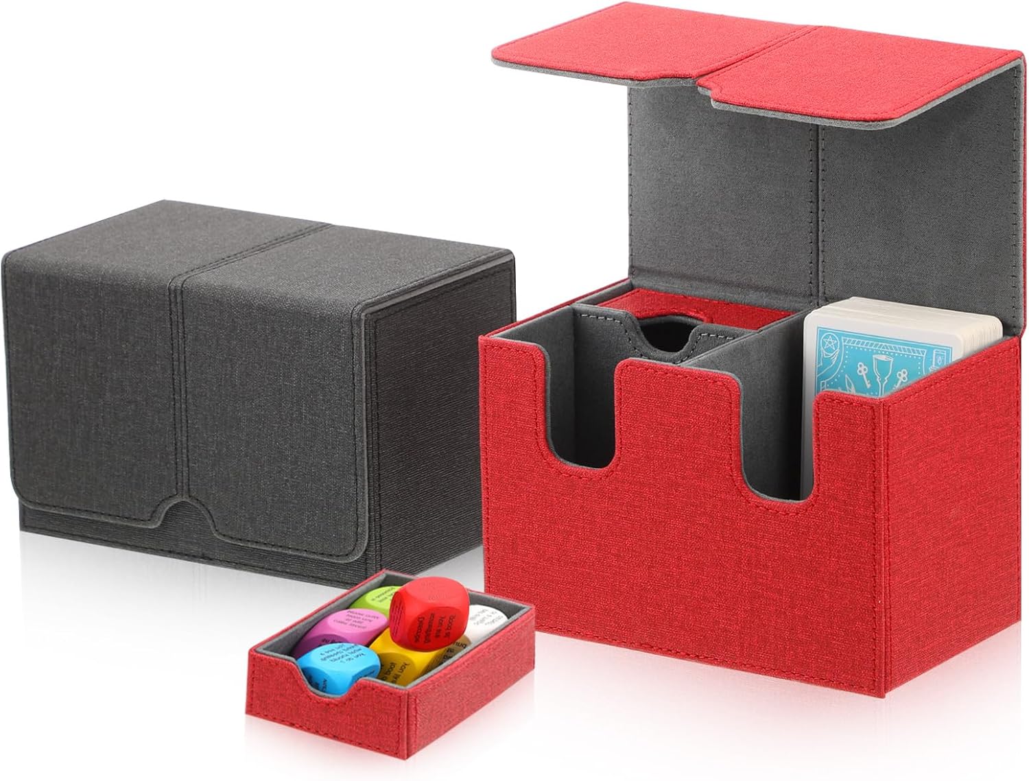Abbylike 2 Pcs Card Box Leather Card Boxes Sleeved Cards Game Box for Collectible Cards Playing Card Box Compatible with TCG(Red, Black)