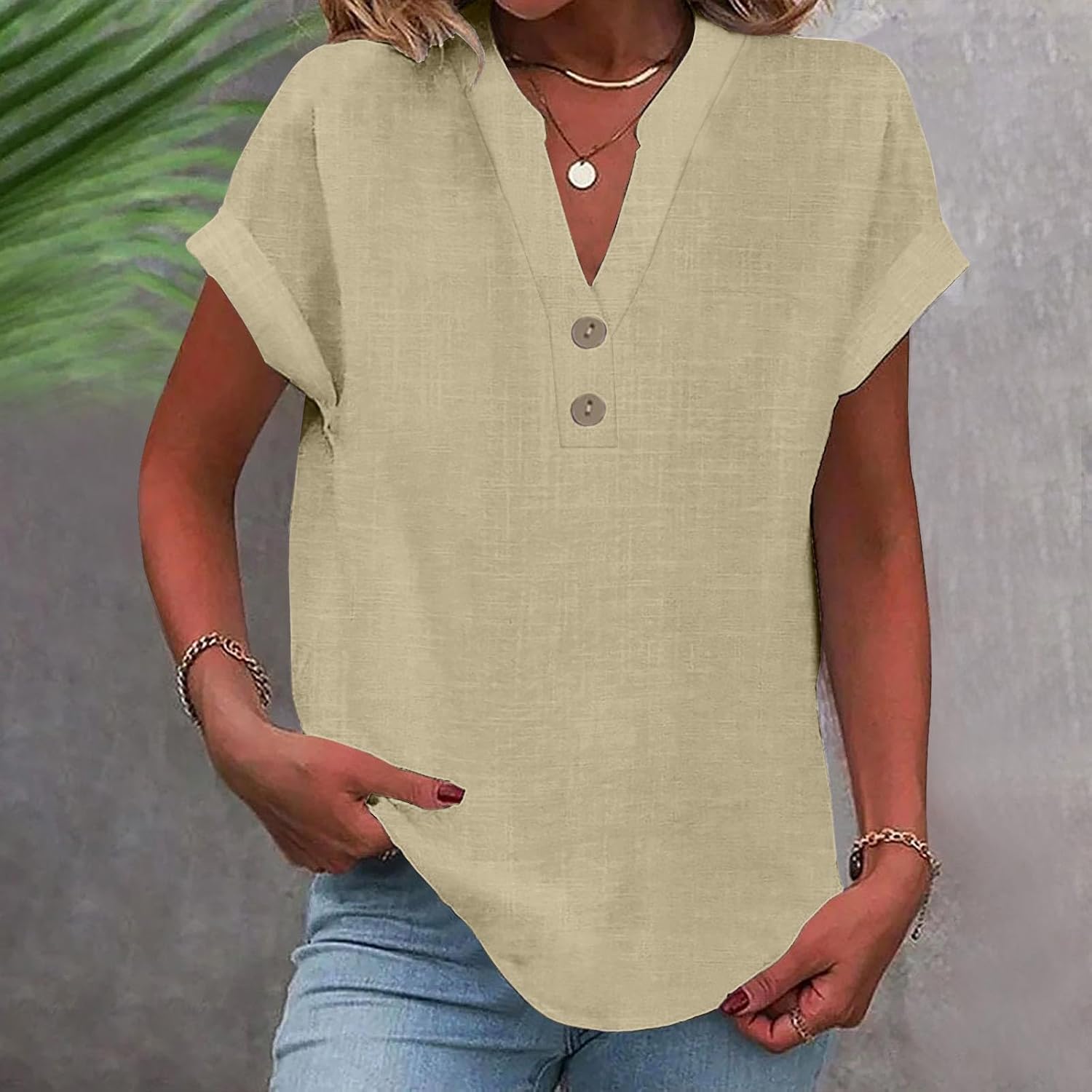2025 Women's Casual Button Down V Neck Short Sleeve Tops Loose Fit Blouses Summer Tees Fashion Shirt for Daily Wear