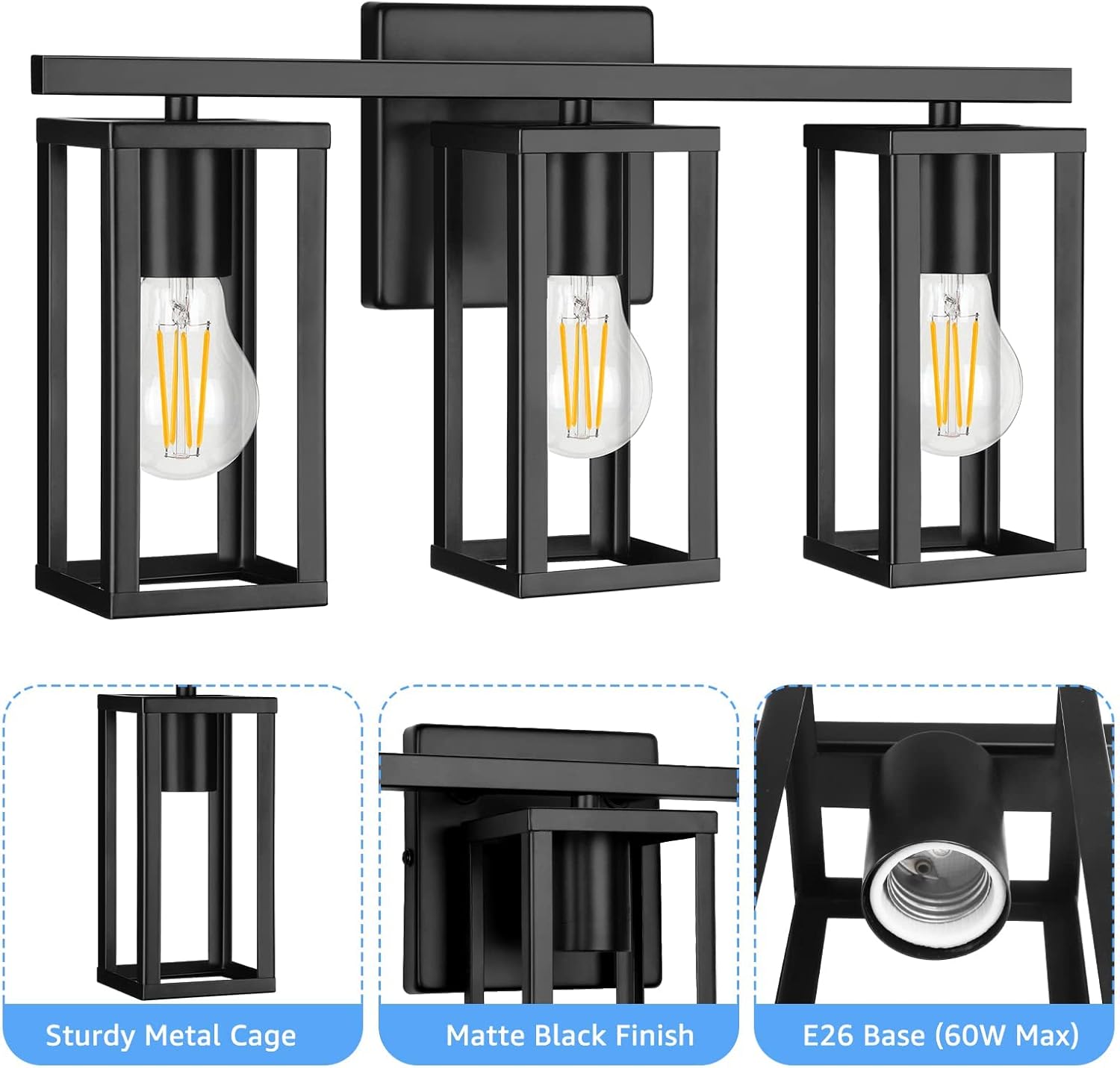 ShineTech 3-Light Bathroom Light Fixtures, Farmhouse Vanity Lights with Metal Cage, Black Bathroom Vanity Light, Anti-Rust Wall Lamp, Bathroom Light for Mirror, Cabinet, Kitchen, Living Room, Bedroom