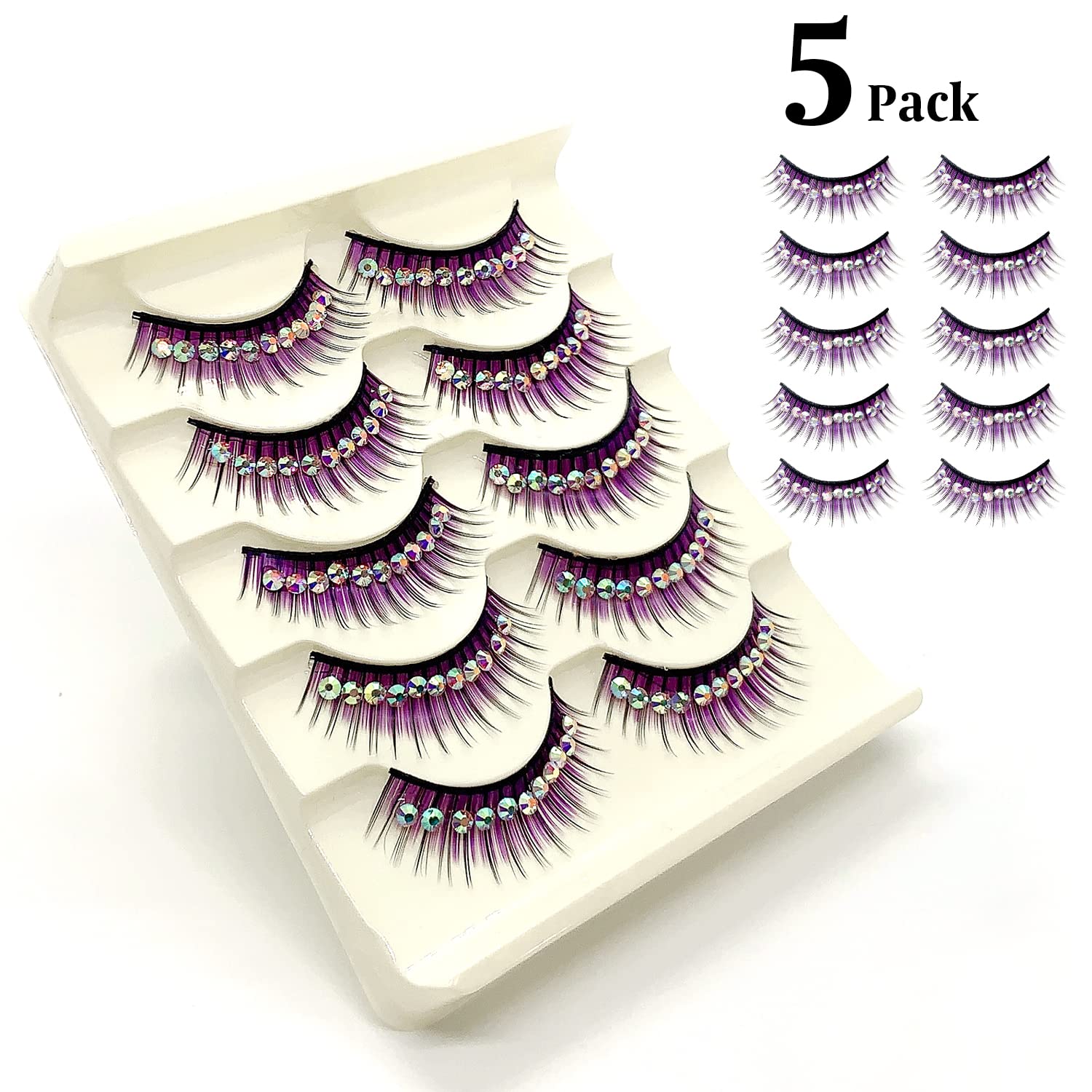 LSTHK 5 works 3D Fluffy False Eyelashes - Natural Look, Colourful, Hotfix Rhinestone Purple for Work Dating, Party, Cosplay - Image 4