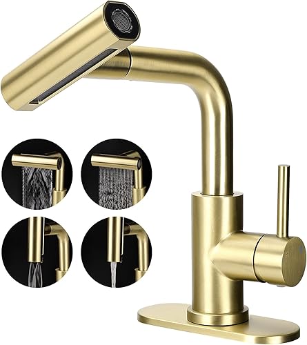 Grifos de baño 4 en 1, grifo dorado moderno de un solo mango extraíble para fregadero de baño, 1 o 3 agujeros con drenaje desplegable y placa de