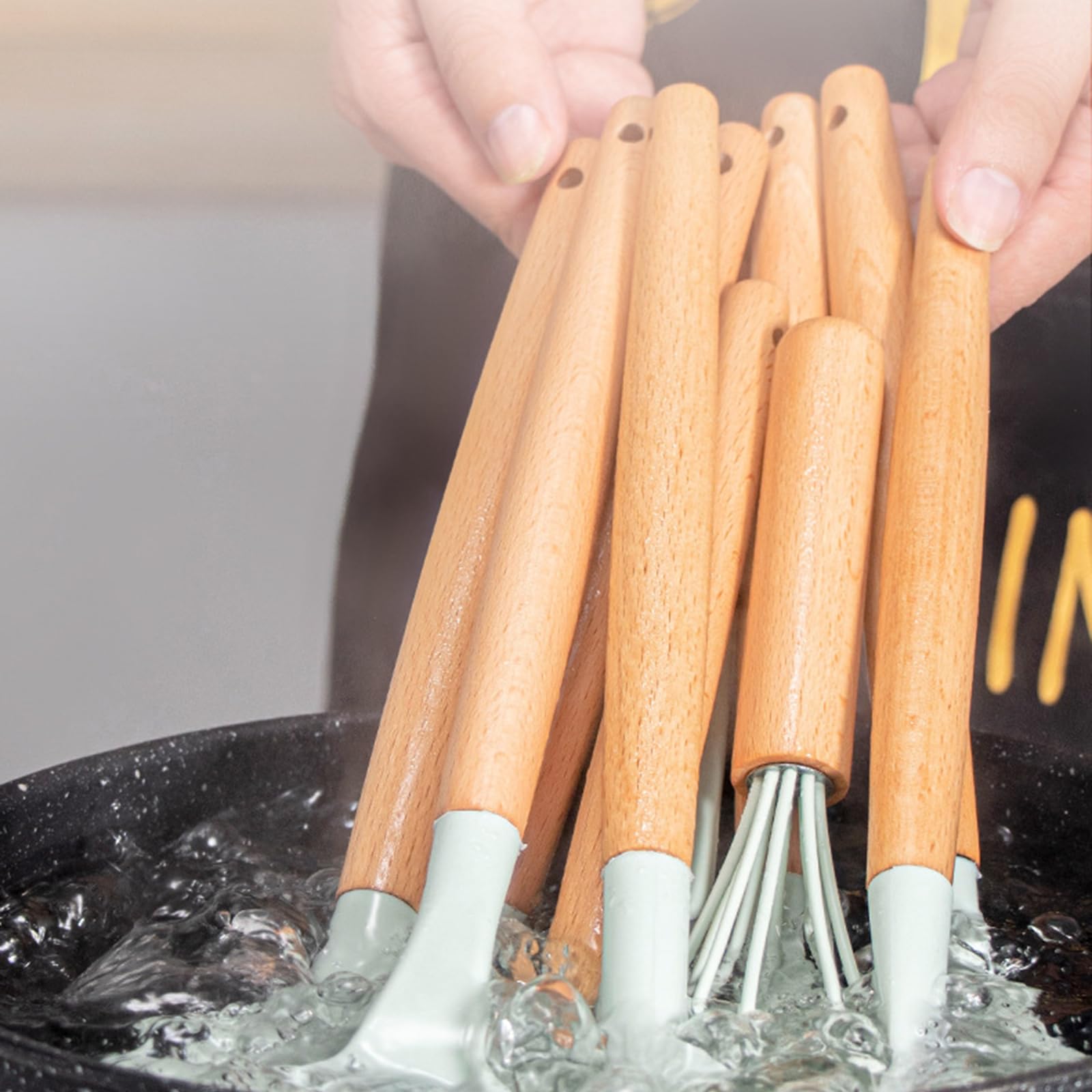 11 Pezzi Set Utensili Cucina Silicone, Set Di Utensili Da Cucina Con Porta Utensili, Mestoli Cucina Silicone Antiaderente Con Manico in Legno, Pentole, Set Mestoli Cucina Resistenti Al Calore