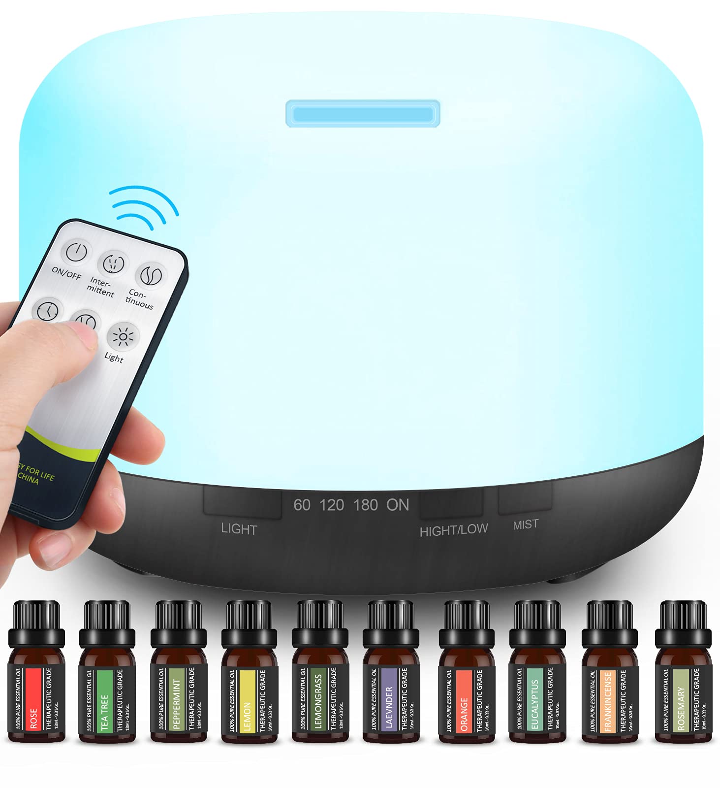 Ultrasonic Aroma  Diffuser , 500ml Aromatherapy Oil Diffusers with 10Pcs Pure Essential Oils Gift Set , Electric Air Purifier Cool Mist Humidifier with Fragrance Oils, Auto Shut-off, 7-Color Light Timer