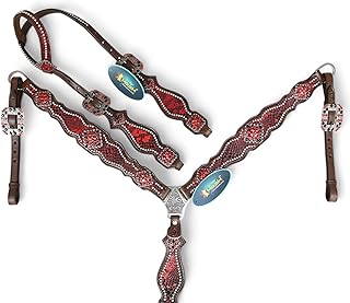 MOUSM Leather Western Headstall Tack Set for Horses, Decorated with Red Metallic Snake Print
