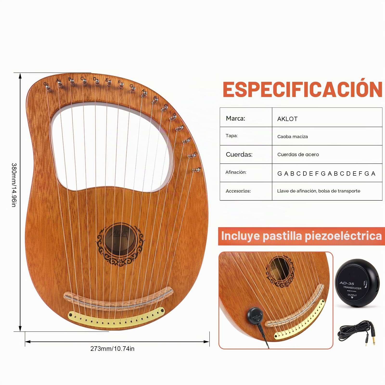 AKLOT 16 cuerdas de metal Arpa de lira Arpa de lejía de caoba con llave de afinación Recoger cuerdas adicionales Bolsa de transporte negra