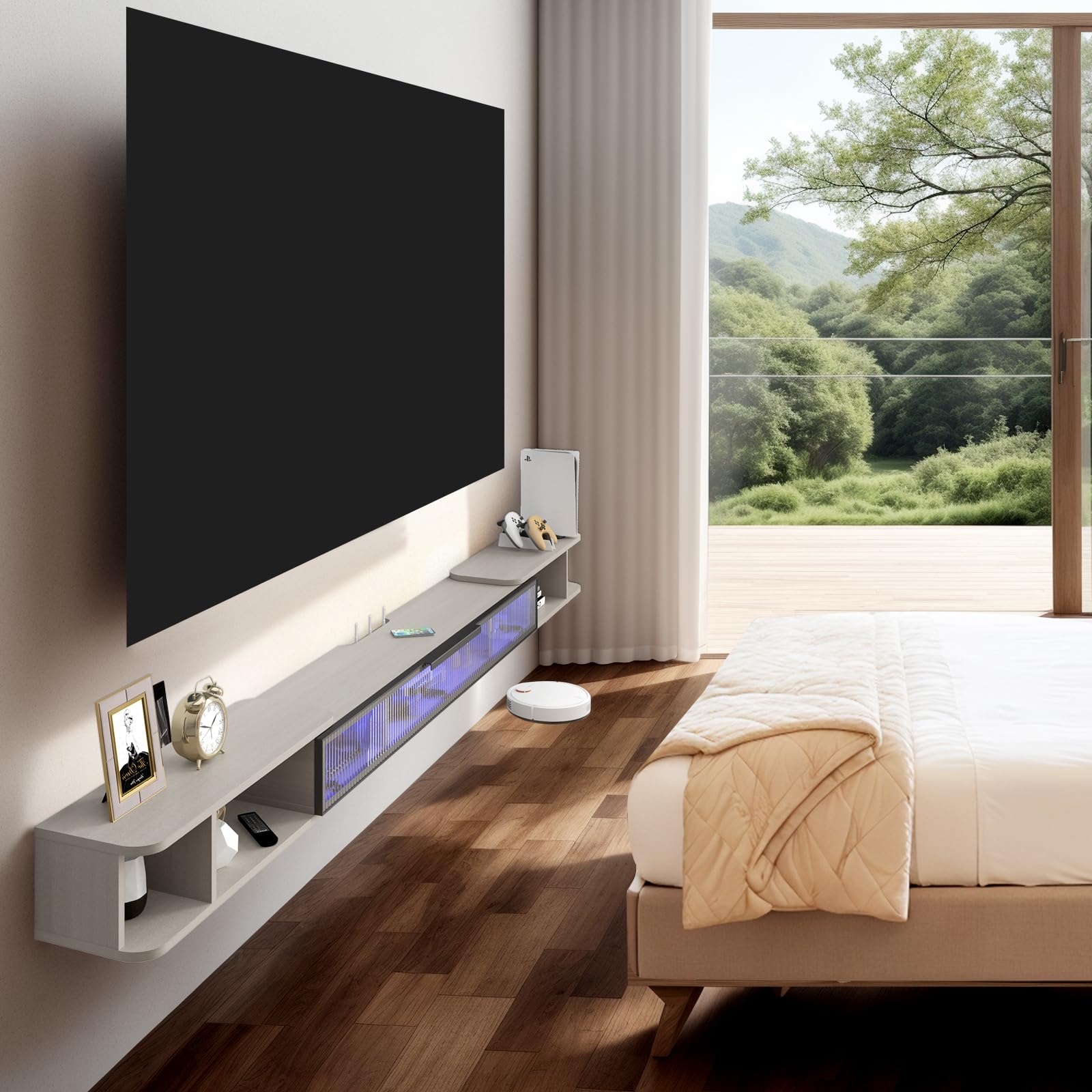 Pmnianhua Extendable Floating TV Stand with LED Lights,Retractable Floating TV Shelf,Wall Mounted TV Console,Adjustable Length 87'' to 122'' Floating Entertainment Center with Glass Door