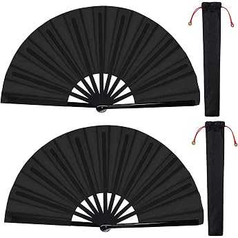 baotongle Pack of 2 Large Foldable Silk Hand Fans Chinese Tai Chi Folding Hand Fan Nylon Cloth Chinese Kung Fu Fan with Holder Sleeves for Performance Dance Decorations Festival Black