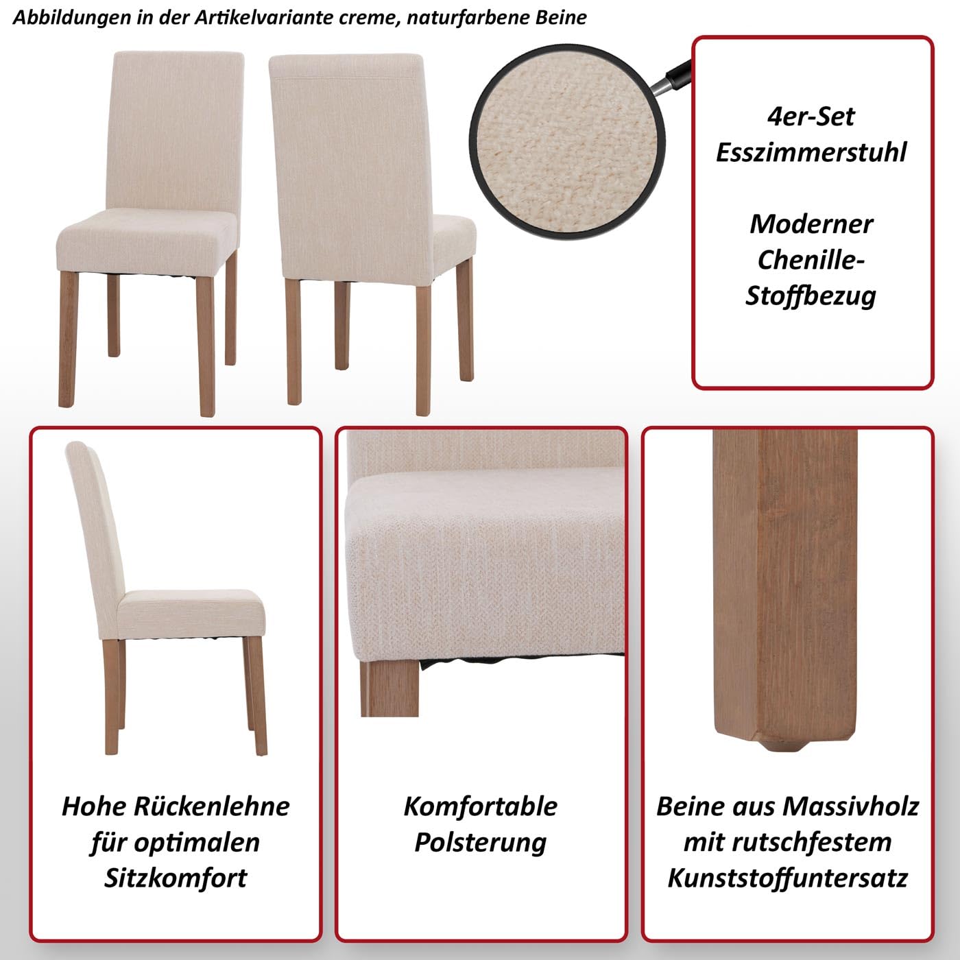 Mendler - Juego de 4 sillas de comedor «Littau» color crema con patas de color natural