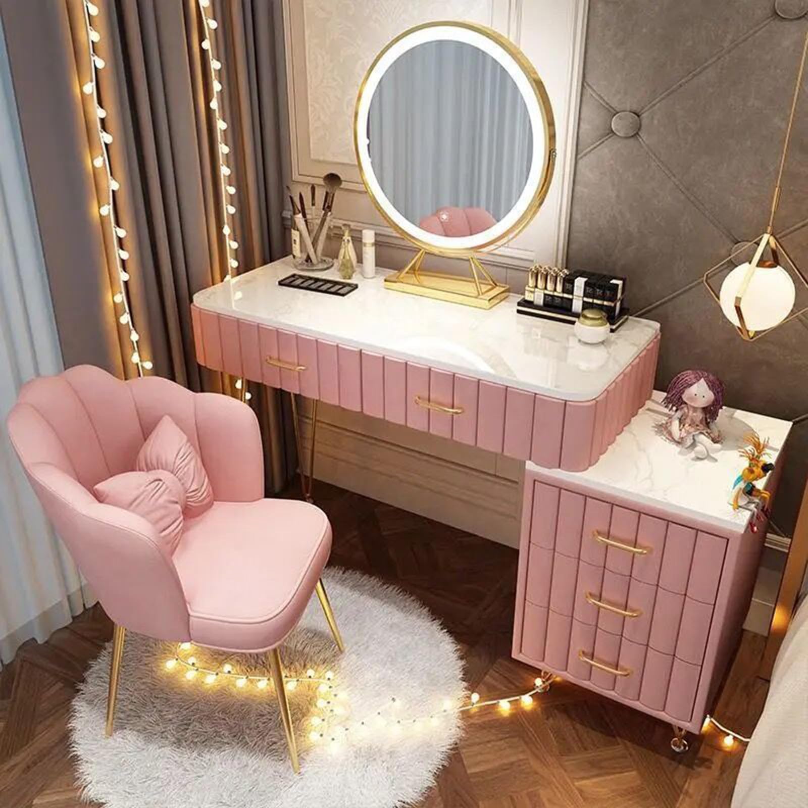 Modern Makeup Vanity with LED Mirror, Adjustable Brightness & 3 Colors, 5 Drawer Wooden Dressing Table, Velvet Chair for Girls, 80/100 * 40 * 76 CM