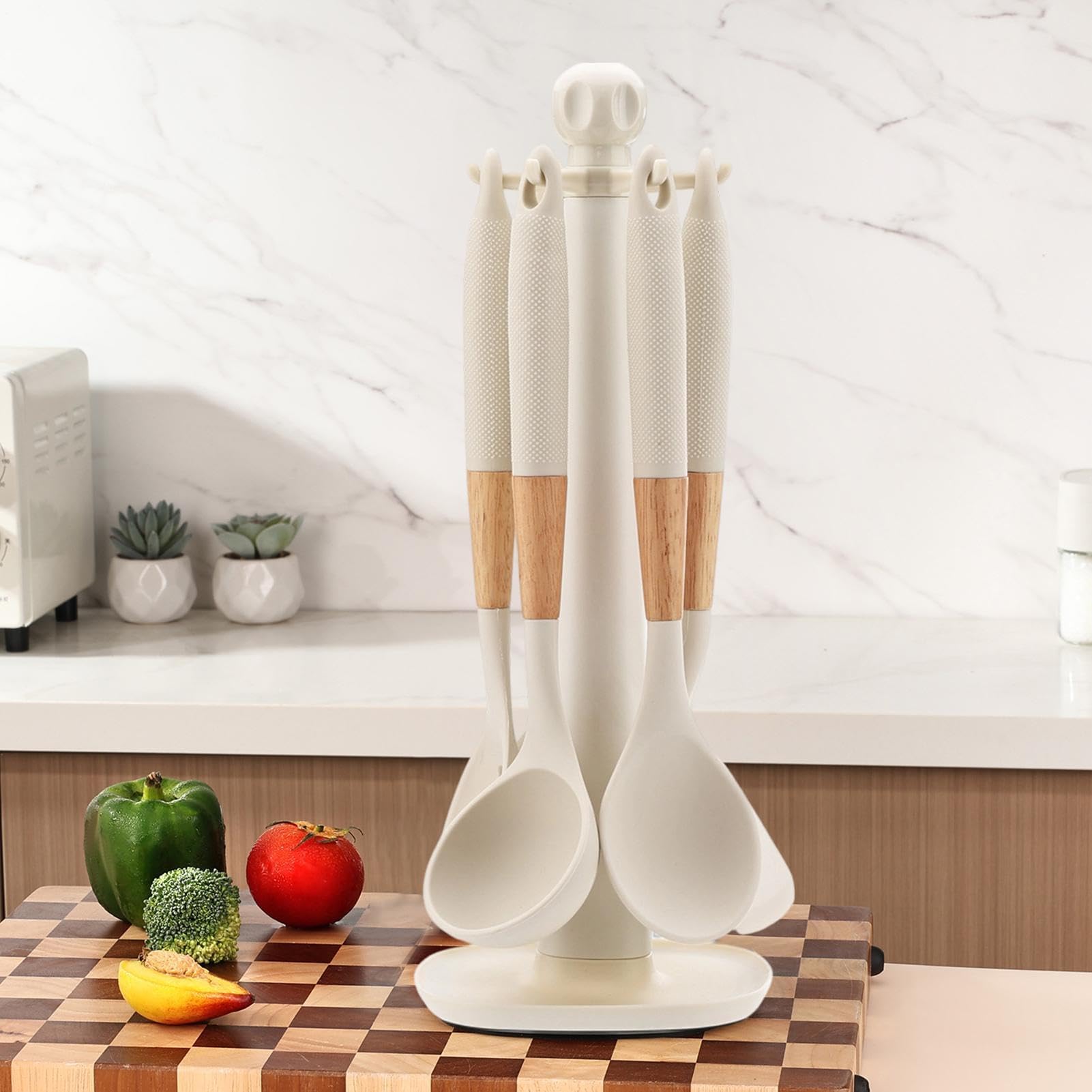 Set di 7 utensili da cucina in silicone, lavabili in lavastoviglie, per pentole antiaderenti, con cucchiai, mestolo, spatola, ideali per casa, appartamento, ristorante